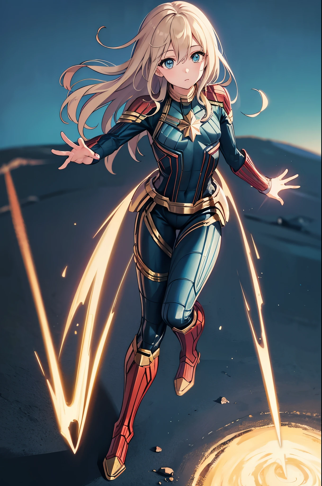  girl, masterpiece, childish farce, best quality, detailed eyes, shiny hair, light teal eyes, long hair, small breasts, shiny skin, short girl, full body, straight hair, cosplaying as Captain Marvel, blue sky, flying above a city,