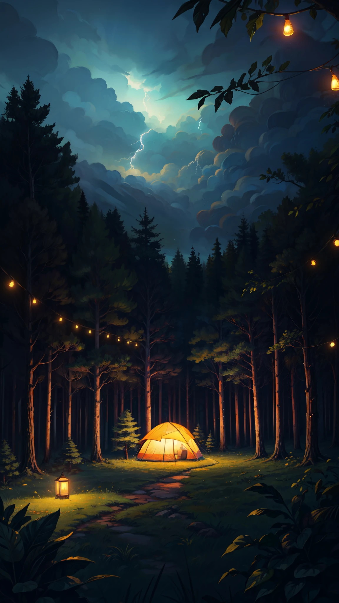 wide view, swiss tent in jungle, carpet, string lights, lightning in sky, night light, cloudy sky, pine trees, calm, silence, movie scene, aesthetics, beautiful tones, string lights, scenery, beautiful ambience, 8k, volumetric light, peaceful scene, light shining on part of foliage, micro landscape, intrinsic details