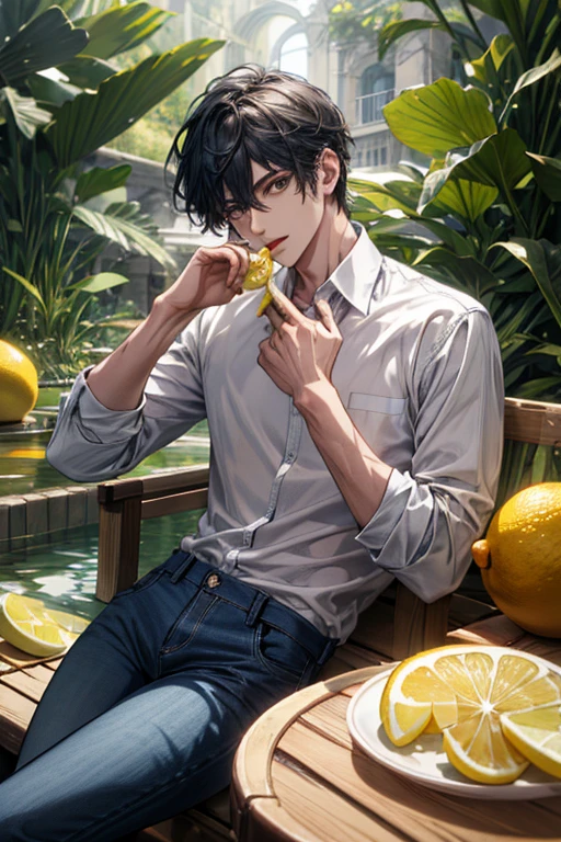 (absurdos, high resolution, ultra detalhado), 1 homem, bonito, cara alto e musculoso, maduro, (The lemonade pond is full of lemon slices),  (Um homem deitado de costas confortavelmente nele), diretamente acima, (camisa branca, jeans), molhado, Colorida, artistic, profundidade de campo, Foco em seu rosto,calm facial features, lemon slices around the face