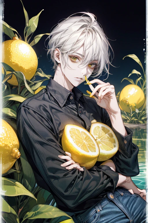 (absurdos, high resolution, ultra detalhado), 1 homem, bonito, cara alto e musculoso, maduro, (The lemonade pond is full of lemon slices), (Um homem deitado de costas confortavelmente nele), diretamente acima, (camisa branca, jeans), molhado, Colorida, artistic, profundidade de campo, Foco em seu rosto,calm facial features, lemon slices around the face