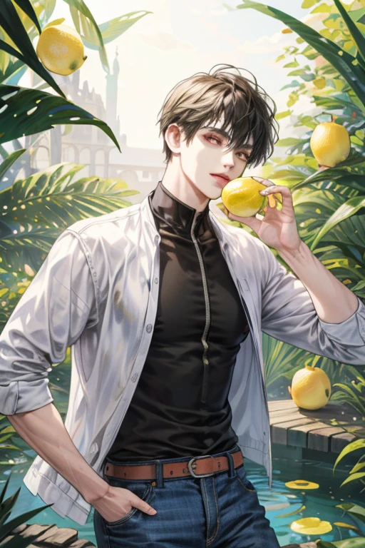 (absurdos, high resolution, ultra detalhado), 1 homem, bonito, cara alto e musculoso, maduro, (The lemonade pond is full of lemon slices),  (Um homem deitado de costas confortavelmente nele), diretamente acima, (camisa branca, jeans), molhado, Colorida, artistic, profundidade de campo, Foco em seu rosto,calm facial features, lemon slices around the face