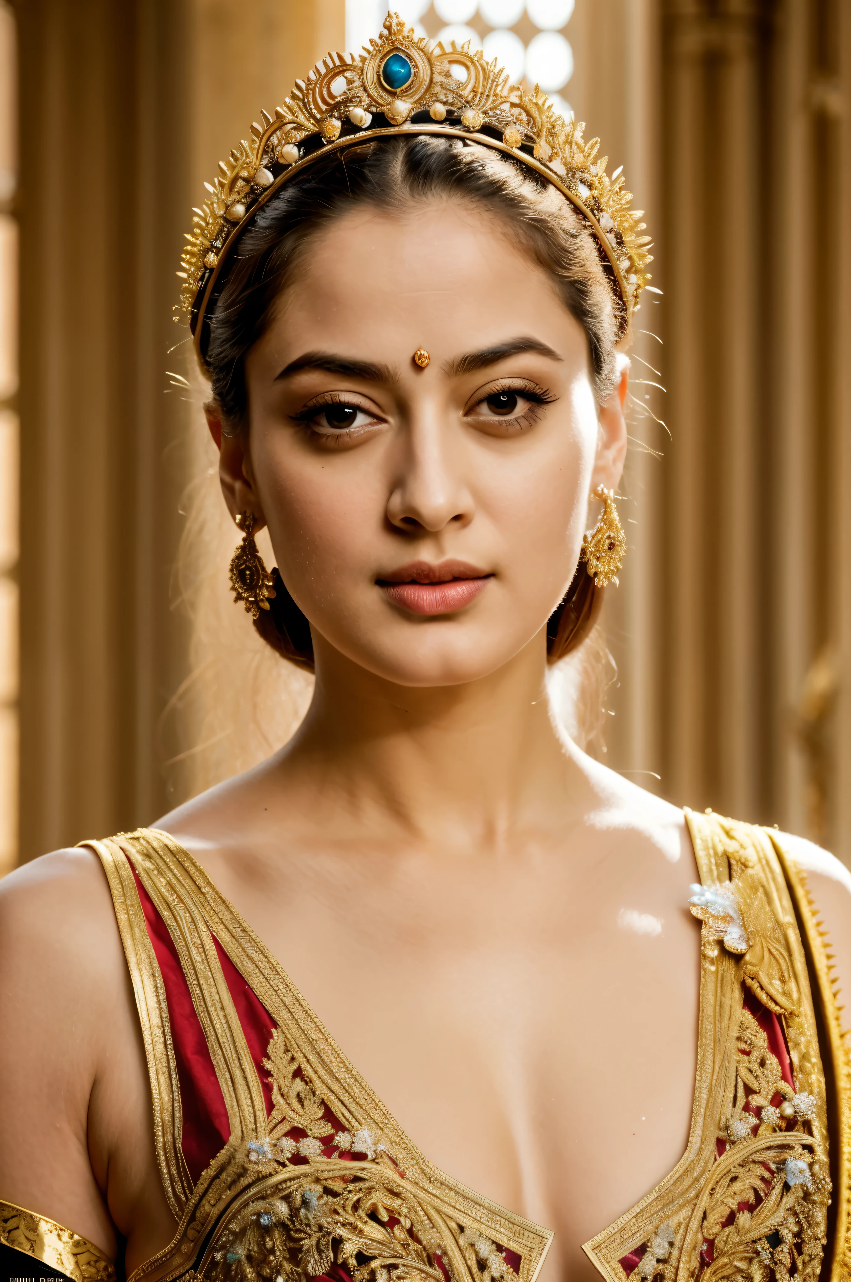 Looks like Sandeepa Dhar, "Design an illustration of a stunning and powerful warrior queen with a regal presence. She should possess a combination of strength and grace. Imagine her in ornate, yet practical armor that complements her figure. The armor should be adorned with intricate details and symbols representing her royal lineage and warrior prowess. Her weapon of choice could be a unique and elegant sword or a mythical weapon that reflects her status as a formidable leader.

Her facial features should exude confidence and determination, with piercing eyes that convey both fierceness and wisdom. The queen's hair, whether long or short, should flow dynamically, hinting at her movement in battle. Consider incorporating elements that emphasize her connection to nature or a mythical realm, such as ethereal backgrounds, symbolic animals, or mystical symbols.

Pay attention to the color palette; use rich, bold colors that enhance her royal aura. Experiment with lighting to highlight specific details and create a sense of drama. Ensure that her posture and expression capture the essence of a queen who commands respect and admiration. Feel free to draw inspiration from historical warrior queens or fictional characters, blending elements to create a unique and captivating image."