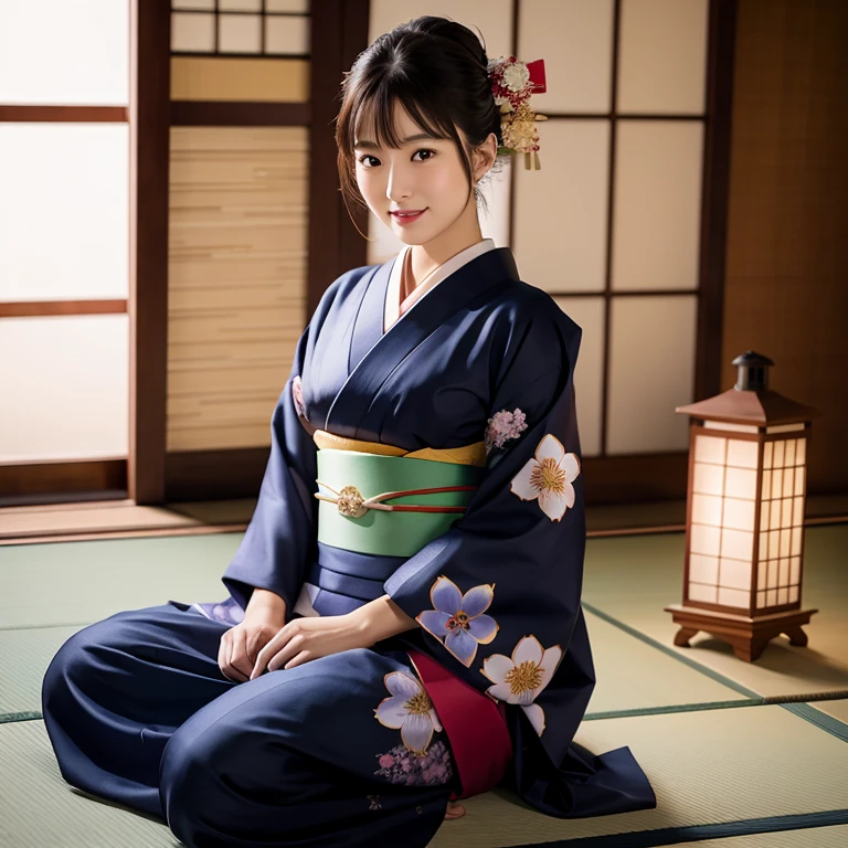 Realistic photos, A cute Japanese girl、Japanese luxury(Navy blue kimono:1.2)Wearing、Sitting modestly facing outward, Beautiful floral patterned kimono, When you enter the elegant room、In the center of a large space The beautiful woman wearing a high-quality crimson kimono sash captures her entire body in a very attractive and realistic way., She realized、Smiling seductively at me, The moment when you are captivated by her cute and sexy blushing face, effect// ((full body shot:1.5,) Hinomaru composition:1.5,) ((Raise your gaze:1.0,)) Chiaroscuro, (The soft light of the lantern), Soft light and shadow, Aerial perspective, quality// (((最高quality, 16k, Raw photo,)))