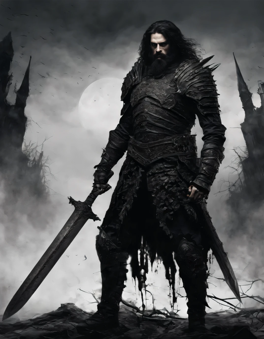 a man, warrior, dirty black hair and beard, dark fantasy, detailed black armor, large sword