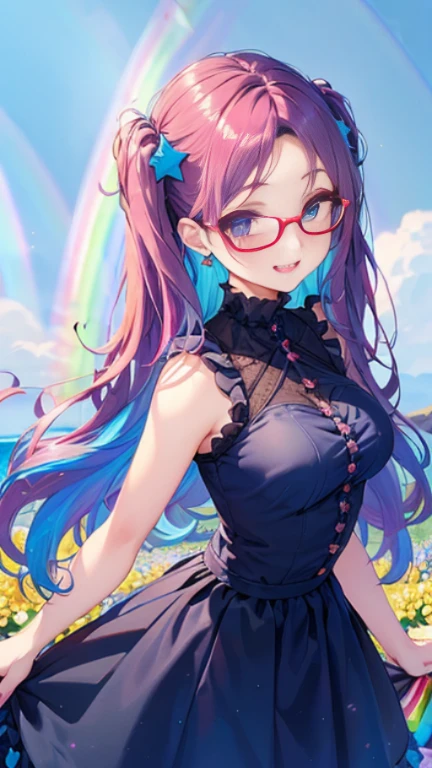 小さなgirl、Glasses、petal、Thick thighs、Big Ass、 (alone:1.5,)Very detailed,Bright colors, Very beautiful detailed anime faces and eyes, Look straight ahead, Shiny_skin,girl,(((long hair、Rainbow Hair, Colorful Hair, Half red、half blue hair: 1.2)))  、Forehead is exposed.、Shiny hair, Delicate beautiful face, blush、(Turquoise Eyes), White skin, Valletta, Earrings,、blue flower field、(((See-through、Pink frilled dress with star pattern、、Black long skirt)))、Twin tails、smile、smile、Face dyed red、Strong winds