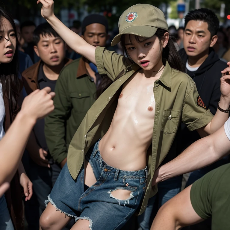 Crowds of zombies roaming、Dilapidated City、Ponytail Hair、khaki cap、Denim shorts、Khaki button-up shirt、Open shirt、、Super small breasts、Sexual content、Creampie sex with zombies、Tattered clothes、Dirty underwear、get pregnant、cinematic lightening
