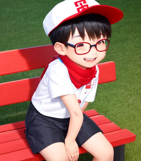 A Chinese 4 old boy, in boy scout uiform shorts, short sleeve shirt and red scarf, cap, super detailed, cute, white , with thin glasses, and black hair, full body, detailed, hyperealistic, sittig on bench smiling,