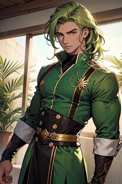 homem masculino bonito, olhos verdes, cabelo loiro acinzentado, Cabelo comprido na altura dos ombros, roupas nobres medievais verdes, pele clara