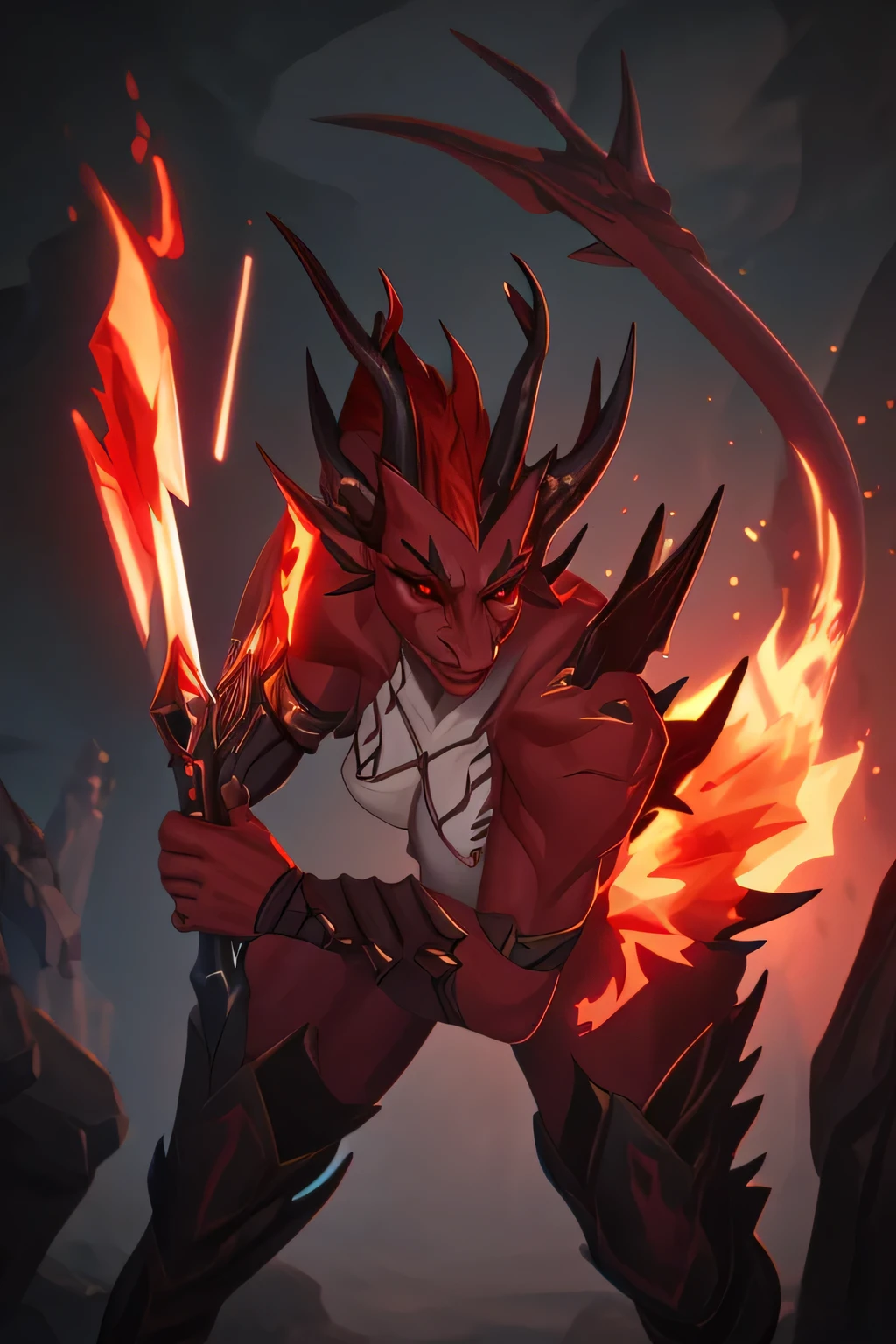 Athro dragon girl warrior battle pose sharp spikes horns and fire red eyes