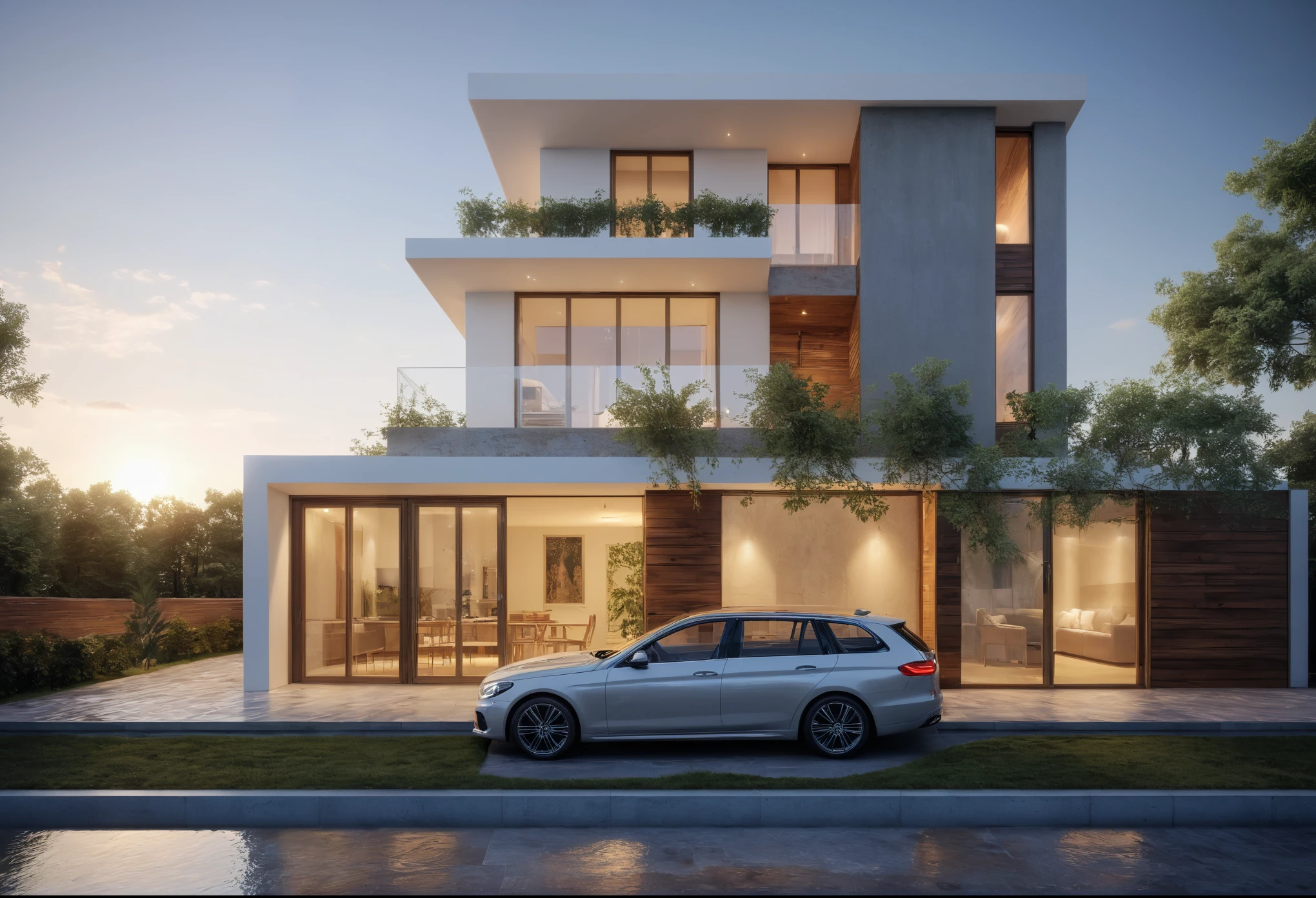 townhouse, Led light, spotlight out door, (modern style:1.2), (Open roof to see the sky), exterior design, perspective view, (open roof), Pavement, alphalt streets road, (next door neighbor's house), (dawn light sky background), Low trees around the house, overall peaceful atmosphere cinematic photo, hyperrealistic artï¼professional, 8k, highly detailed ï¼, (architectural design visualization), (reflection), (focus on object), (material normal bump real reflection), (scattered light), (hidden light) (light ray), (multi-beam light), (sunbeam) (multi-level reflection), (corona software visualization render:1.2),(((Best Quality))), ((Masterpiece)), ((best illustration)), ((best shadows)), ((Super Detail)), (Intricate lines), (Photorealism),(hyper detail), ((archdaily)), ((award winning design)), (dynamic light), ((day)), (perfect light), (shimering light), ((photorealistic)), ((intricate detail)), ((extreme detail)), ((science)), ((hyper-detail)), ((super detail)), ((super realistic)), ((crazy detail)), ((octane render)), ((Cinematic)), ((trending on artstation)), ((High-fidelity)), ((Viwvid)), ((Crisp)), ((Bright)), ((Stunning)), ((Eye-catching)), ((High-quality)),((Sharp))((Bright)), ((Stunning)), Natural, ((Eye-catching)), ((Illuminating)), ((Flawless)), ((High-quality)),((Sharp edge render)), ((medium soft lighting)), ((photographic render)), ((detailed archviz))