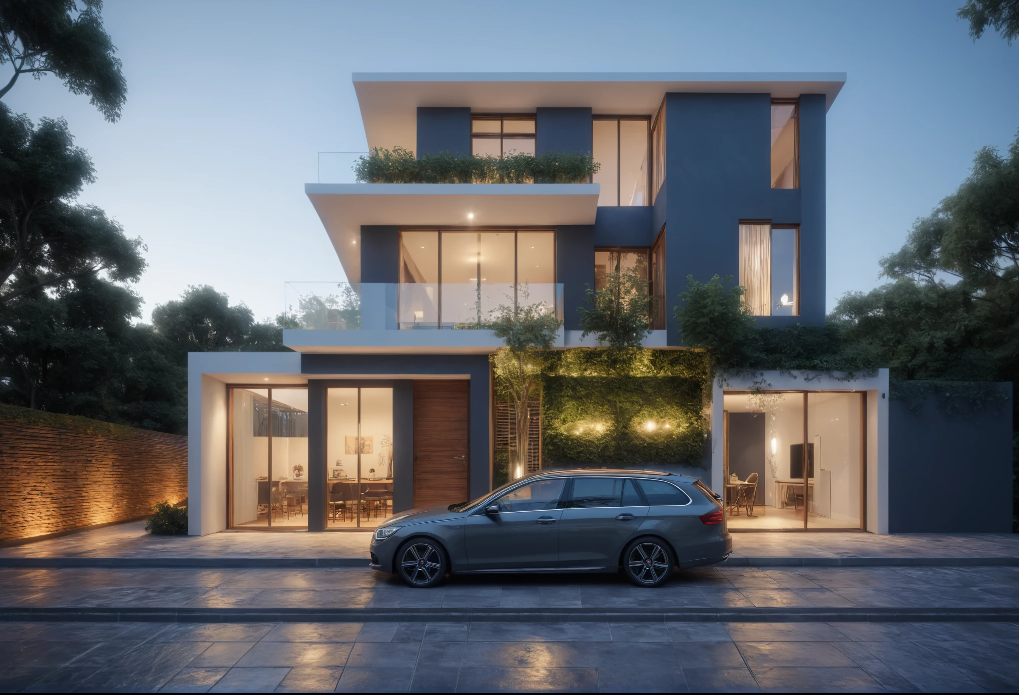 townhouse, Led light, spotlight out door, (modern style:1.2), (Open roof to see the sky), exterior design, perspective view, (open roof), Pavement, alphalt streets road, (next door neighbor's house), (dawn light sky background), Low trees around the house, overall peaceful atmosphere cinematic photo, hyperrealistic artï¼professional, 8k, highly detailed ï¼, (architectural design visualization), (reflection), (focus on object), (material normal bump real reflection), (scattered light), (hidden light) (light ray), (multi-beam light), (sunbeam) (multi-level reflection), (corona software visualization render:1.2),(((Best Quality))), ((Masterpiece)), ((best illustration)), ((best shadows)), ((Super Detail)), (Intricate lines), (Photorealism),(hyper detail), ((archdaily)), ((award winning design)), (dynamic light), ((day)), (perfect light), (shimering light), ((photorealistic)), ((intricate detail)), ((extreme detail)), ((science)), ((hyper-detail)), ((super detail)), ((super realistic)), ((crazy detail)), ((octane render)), ((Cinematic)), ((trending on artstation)), ((High-fidelity)), ((Viwvid)), ((Crisp)), ((Bright)), ((Stunning)), ((Eye-catching)), ((High-quality)),((Sharp))((Bright)), ((Stunning)), Natural, ((Eye-catching)), ((Illuminating)), ((Flawless)), ((High-quality)),((Sharp edge render)), ((medium soft lighting)), ((photographic render)), ((detailed archviz))