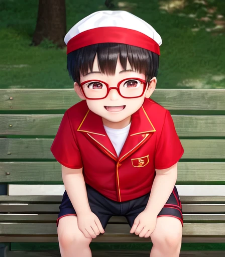 A Chinese 4yr old boy, in boy scout uiform shorts, short sleeve shirt and red scarf, cap, super detailed, cute, white , with thin glasses, and black hair, full body, detailed, hyperealistic, sittig on bench smiling,
