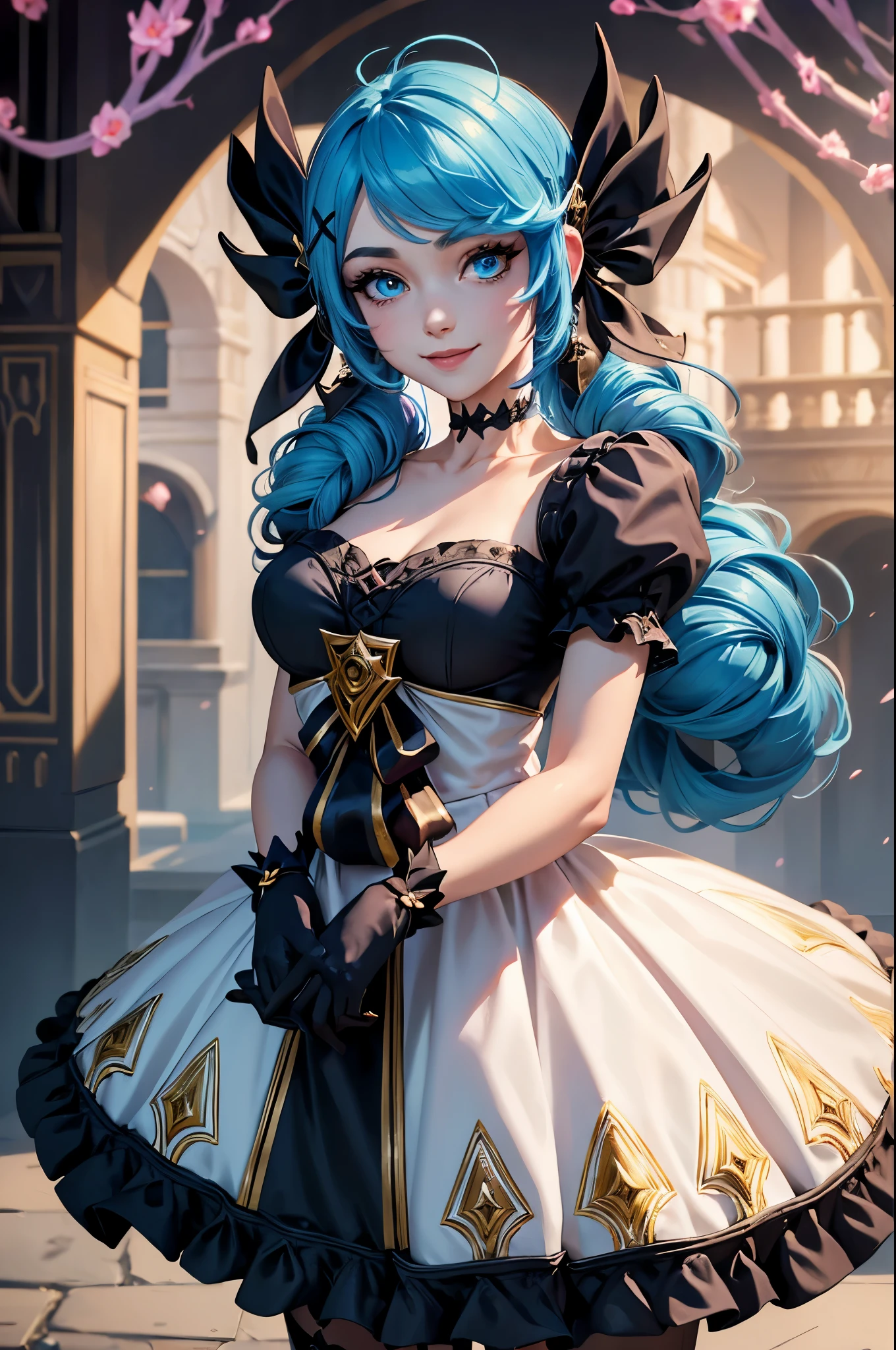(masterpiece, best quality:1.2), expressive eyes, perfect face, highres, 1girl, solo, black bow, black gloves, black legwear, blue eyes, blue hair, bow, collarbone, dress, drill hair, frilled dress, frills, gloves, gwen \(league of legends\), hair ornament, league of legends, long hair, puffy sleeves, pink pupils, white dress, x, x hair ornament, smiling, waving, standing, cowboy shot, looking at the viewer