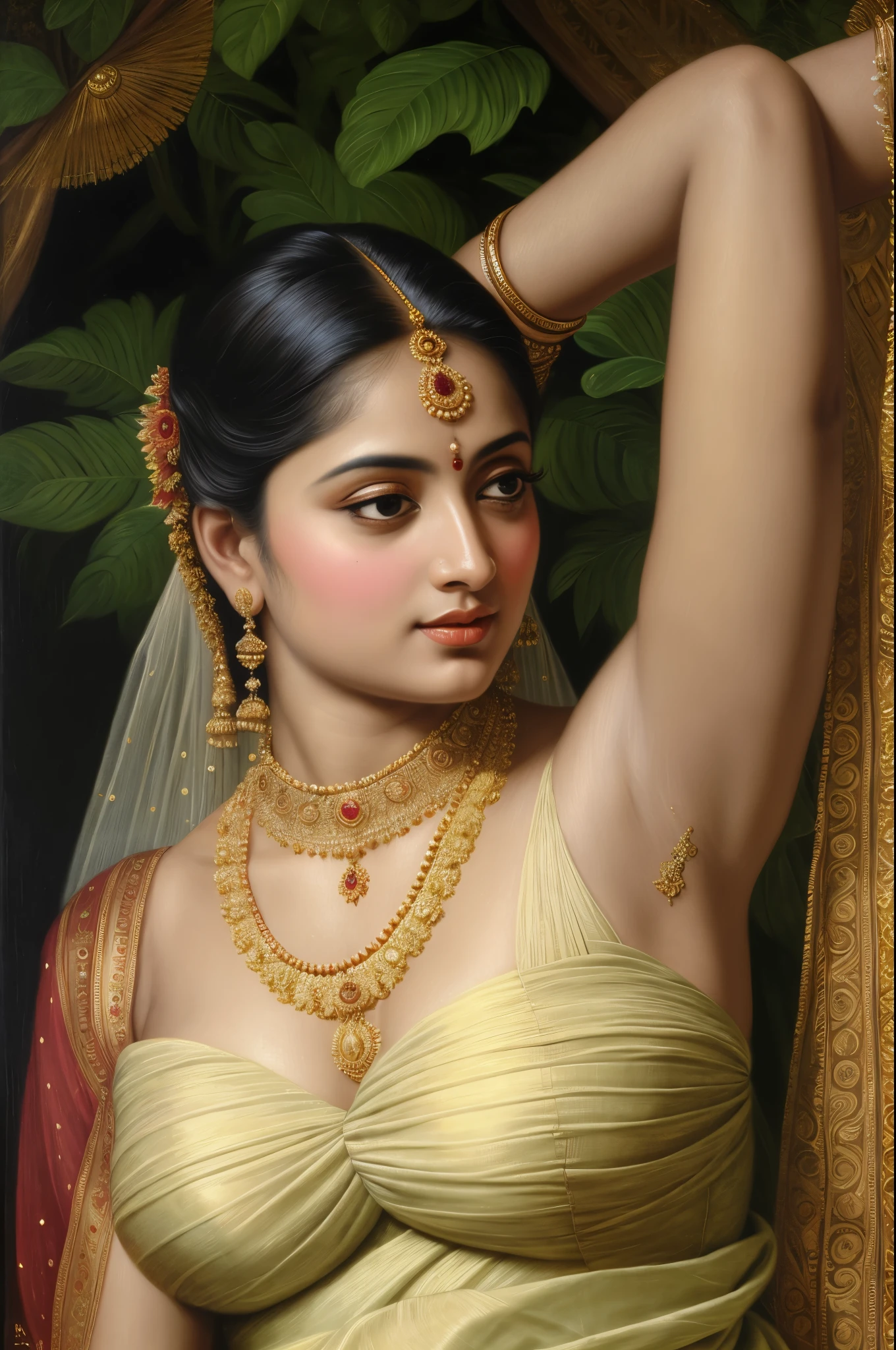 Beautiful Indian Woman, wearing saree, sari Beauty, gorgeous, Apsara, Maharani, royal queen woman, nymph from Hindu Mythology, Urvashi, matchless beauty, Highly detailed, Oil Painting by Peter Paul Rubens inspired by Raja Ravi Varma, Matchless beauty, captivating, gorgeous, heavenly beauty, celestial beauty, by Peter Paul Rubens, 13, realistic, hyper realistic, micro details, incredible artwork, insane details, ultra High resolution, 8k, 32k, acrylic on canvas, intricate, flawless, detailed, detailed face, detailed eyes, masterpiece, by Peter Paul Rubens, by Caravaggio, by William Adolphe bouguereau, perfect face, perfect body, beautiful art, realism, baroque, renaissance Art, highly textured, beautiful and detailed eyes, uhd, best quality,
