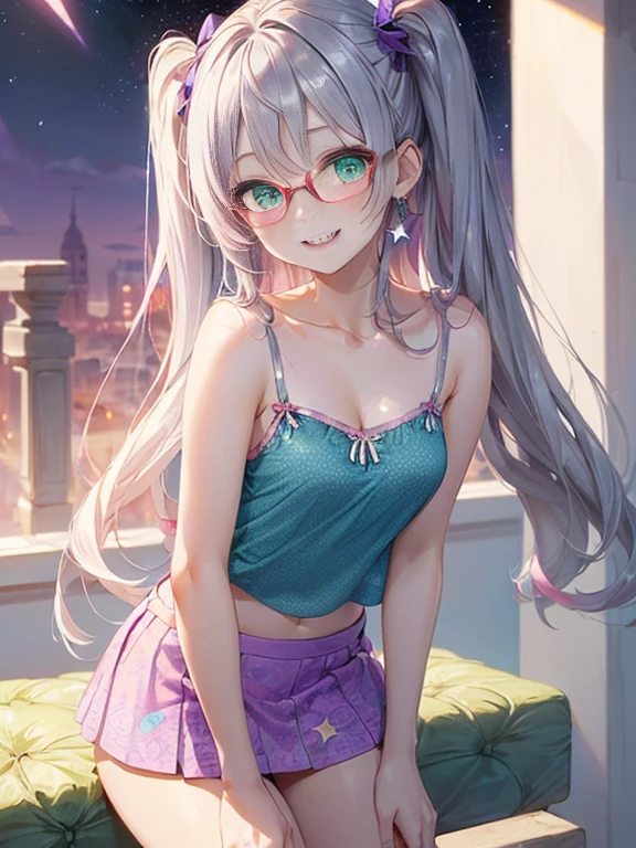 小さなgirl、The arrival of spring、Thick thighs、 (alone:1.5,)Very detailed,Bright colors, Very beautiful detailed anime faces and eyes, Look straight ahead, ;d, Shiny_skin,girl, ((Silver long hair,The inner color is red 、Forehead is exposed.、Green Eyes、Glasses、Shiny hair, Delicate beautiful face, blush、(Turquoise Eyes), White skin, Valletta, Earrings,、blue flower field、(((Star pattern pink、camisole、Purple Mini Skirt)))、Twin tails、smile、smile、Face dyed red