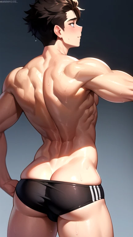 A handsome Young boy Presses against the young man's thighs, , athletic build, ideal body, aesthetically beautiful, erotically tempting, seducing, offering himself With a beautiful sexy Thongs, With round perfect buttocks, muscular, sweaty after a workout, Back view