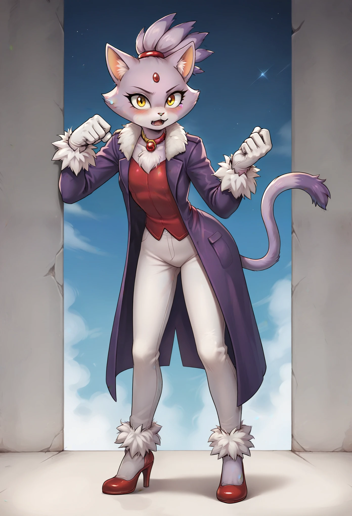 Blaze the cat, mouth open, 1girl, gloves, forehead_jewel, fur-trimmed_gloves, furry_female, solo, furry, animal_ears, simple_background, yellow_eyes, fur_trim, topknot, tail, high_heels, cat_girl, white_gloves, cat_ears, cat_tail, standing, full_body, flat_chest, purple_hair, fur-trimmed_footwear, black_background, multicolored_hair, arms_at_sides, white_pants, hair_tie, purple_coat, clenched_hands, looking_at_viewer, two-tone_hair, body_fur, pants, animal_nose, shoes, short_hair, coat, shiny, gem, red_footwear, long_sleeves, blush, leaning_foward, bent_over