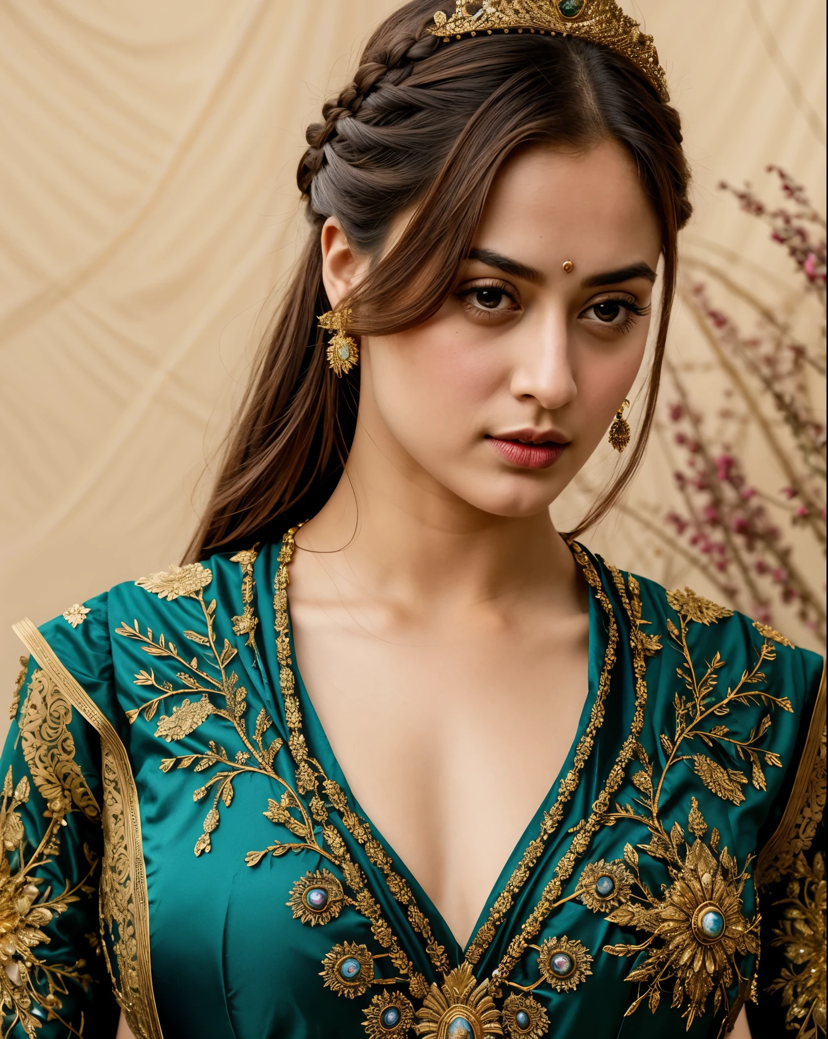Looks like Sandeepa Dhar, "Design an illustration of a stunning and powerful warrior queen with a regal presence. She should possess a combination of strength and grace. Imagine her in ornate, yet practical armor that complements her figure. The armor should be adorned with intricate details and symbols representing her royal lineage and warrior prowess. Her weapon of choice could be a unique and elegant sword or a mythical weapon that reflects her status as a formidable leader.
Her facial features should exude confidence and determination, with piercing eyes that convey both fierceness and wisdom. The queen's hair, whether long or short, should flow dynamically, hinting at her movement in battle. Consider incorporating elements that emphasize her connection to nature or a mythical realm, such as ethereal backgrounds, symbolic animals, or mystical symbols.
Pay attention to the color palette; use rich, bold colors that enhance her royal aura. Experiment with lighting to highlight specific details and create a sense of drama. Ensure that her posture and expression capture the essence of a queen who commands respect and admiration. Feel free to draw inspiration from historical warrior queens or fictional characters, blending elements to create a unique and captivating image."