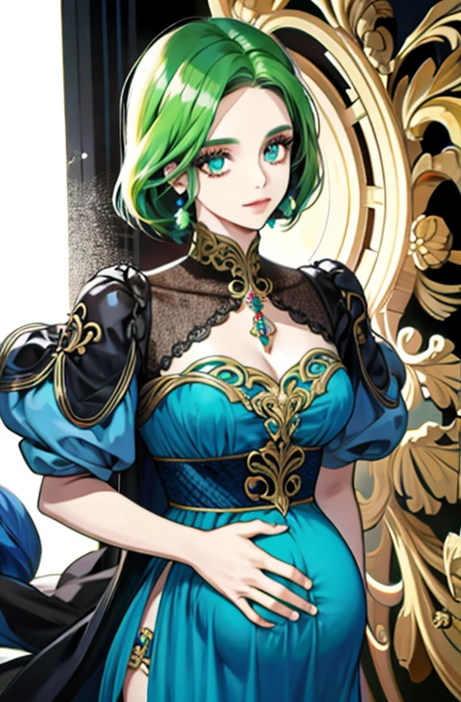 Mulher de cabelos brancos, olhos azuis, realeza, alta qualidade, muito detalhe, rosto detalhado, Pele branca, lindo, Pregnant woman back sexy, vestido vermelho, deitada com um homem de cabelo preto e olhos verdes