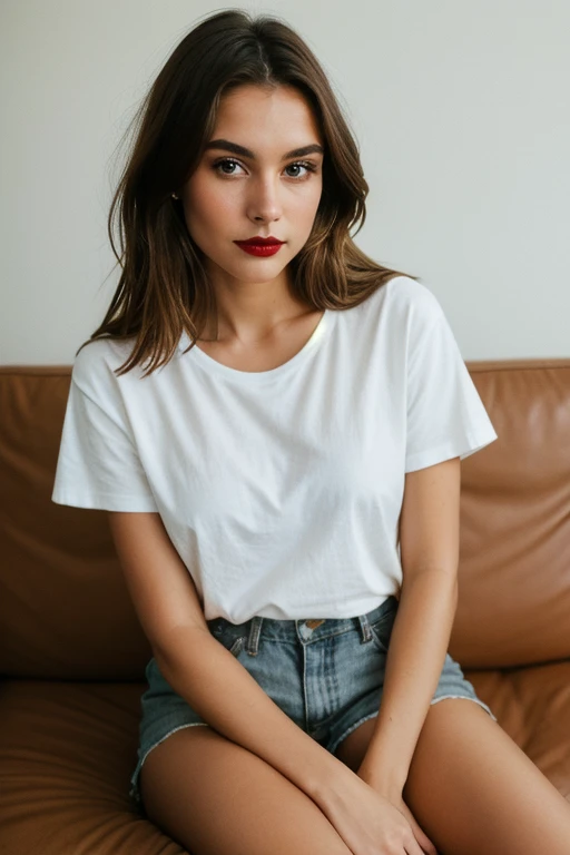 Photograph of a woman, 20 years, Beautiful face ,Realistic appearance , Crafted Leather , beautiful eyes , Textured leather, goosebumps, light brown hair, lower body, sitting on the couch, in a T-shirt and shorts, perfect eyes (ektachrome), color Velvia 100, shot with Leica T, hips, clear focus on the subject, filmed by Peter Lindbergh, concealer, Russian, Slavic, Brown eyes, happy girl, protruding cheekbones, looks at the camera, sexy facial expression, full length, dark lipstick
