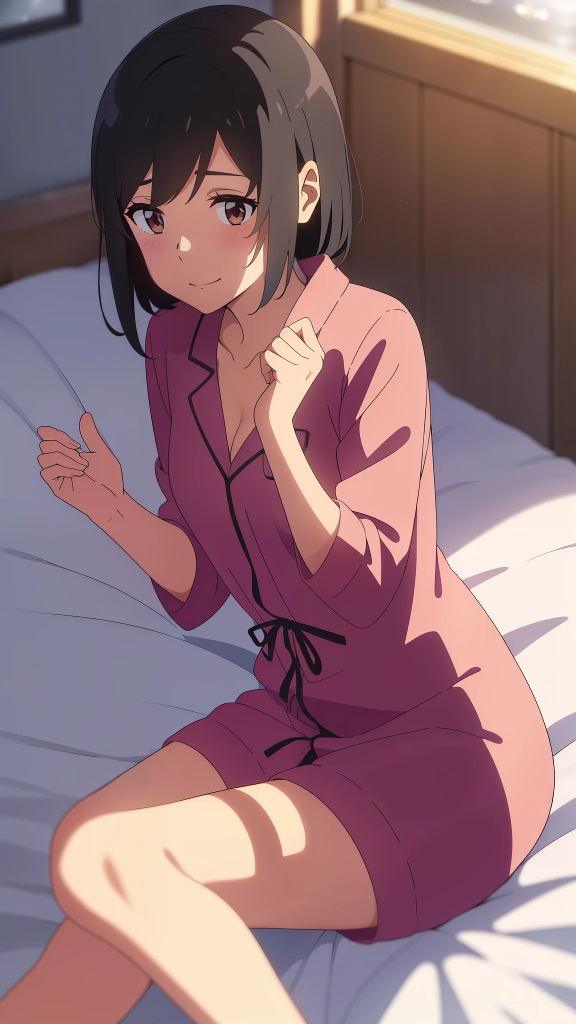 shinkai makoto, kimi no na wa., 1 girl in, bangs, black hair, blushing, brown eyes, shinny skin, short hair, smile, cute, solo, Cute pajamas, dressing gown, looking nervously at viewer, viewed from above, lying, on bed, medium bust, embarrassed, sleeping on bed, sexy