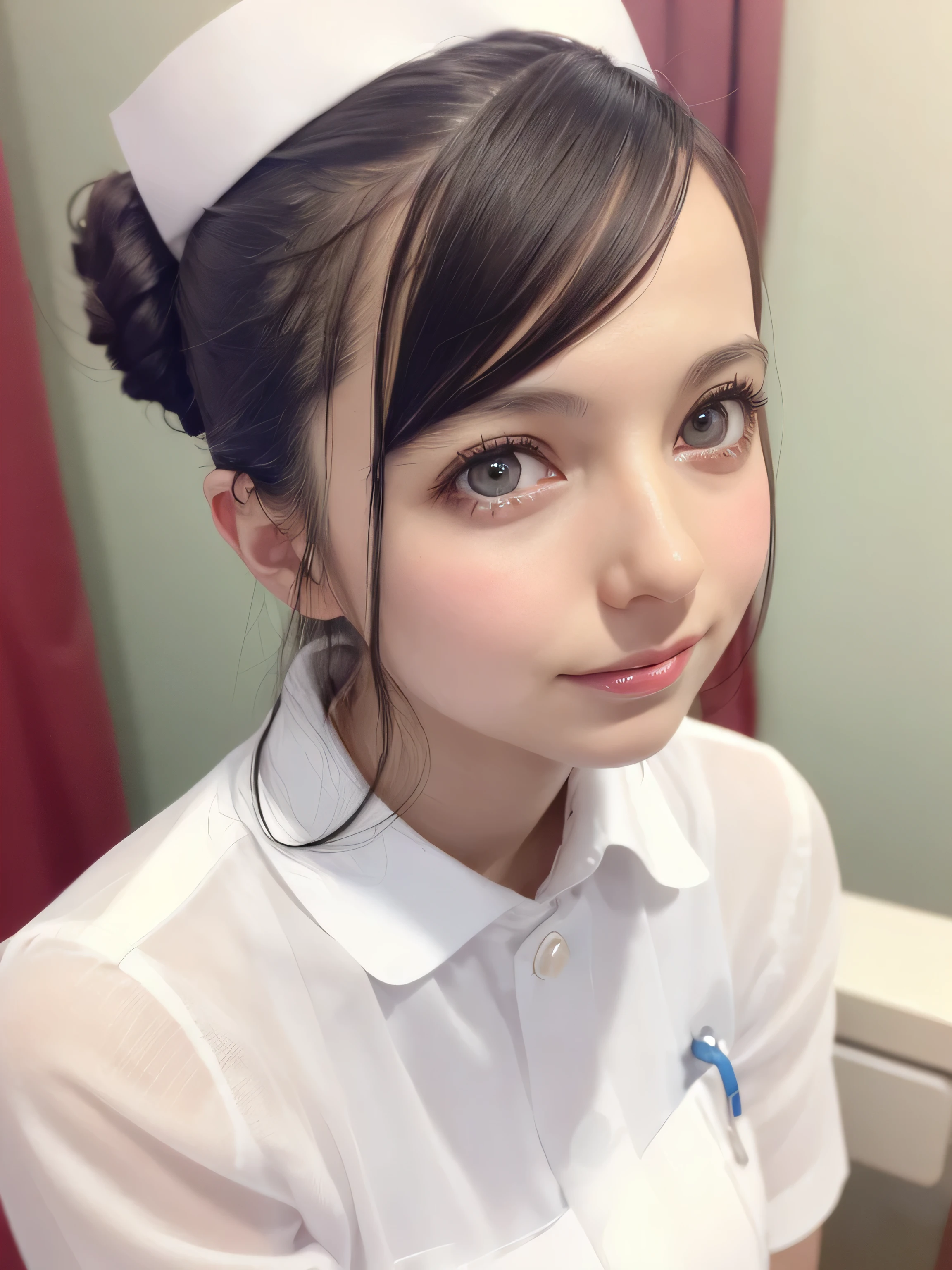 1 girl,(Wearing white nurse clothes:1.2),(RAW Photos, highest quality), (Realistic, photo-Realistic:1.4), masterpiece, Very delicate and beautiful, Very detailed, 2k wallpaper, wonderful, finely, Very detailed CG unity 8k wallpaper, Very detailed, High resolution, Soft Light, Beautiful detailed girl, Very detailed eyes and face, Beautiful and detailed nose, finely beautiful eyes, nurse, Perfect Anatomy, Black Hair, Upstyle, nurse uniform, ((nurse cap)), Long skirt, nurse, White costume, thin, hospital, clear, White Uniform, hospital room, Neck auscultation,Face close-up,(becky)