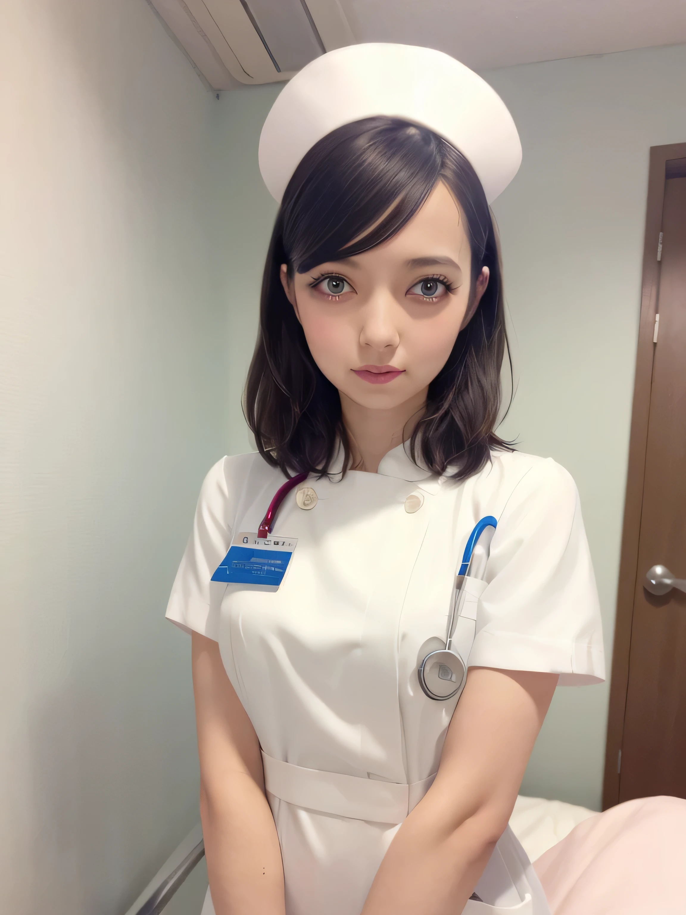 1 girl,(Wearing white nurse clothes:1.2),(RAW Photos, highest quality), (Realistic, photo-Realistic:1.4), masterpiece, Very delicate and beautiful, Very detailed, 2k wallpaper, wonderful, finely, Very detailed CG unity 8k wallpaper, Very detailed, High resolution, Soft Light, Beautiful detailed girl, Very detailed eyes and face, Beautiful and detailed nose, finely beautiful eyes, nurse, Perfect Anatomy, Black Hair, Upstyle, nurse uniform, ((nurse cap)), Long skirt, nurse, White costume, thin, hospital, clear, White Uniform, hospital room, Neck auscultation,Face close-up,(becky)