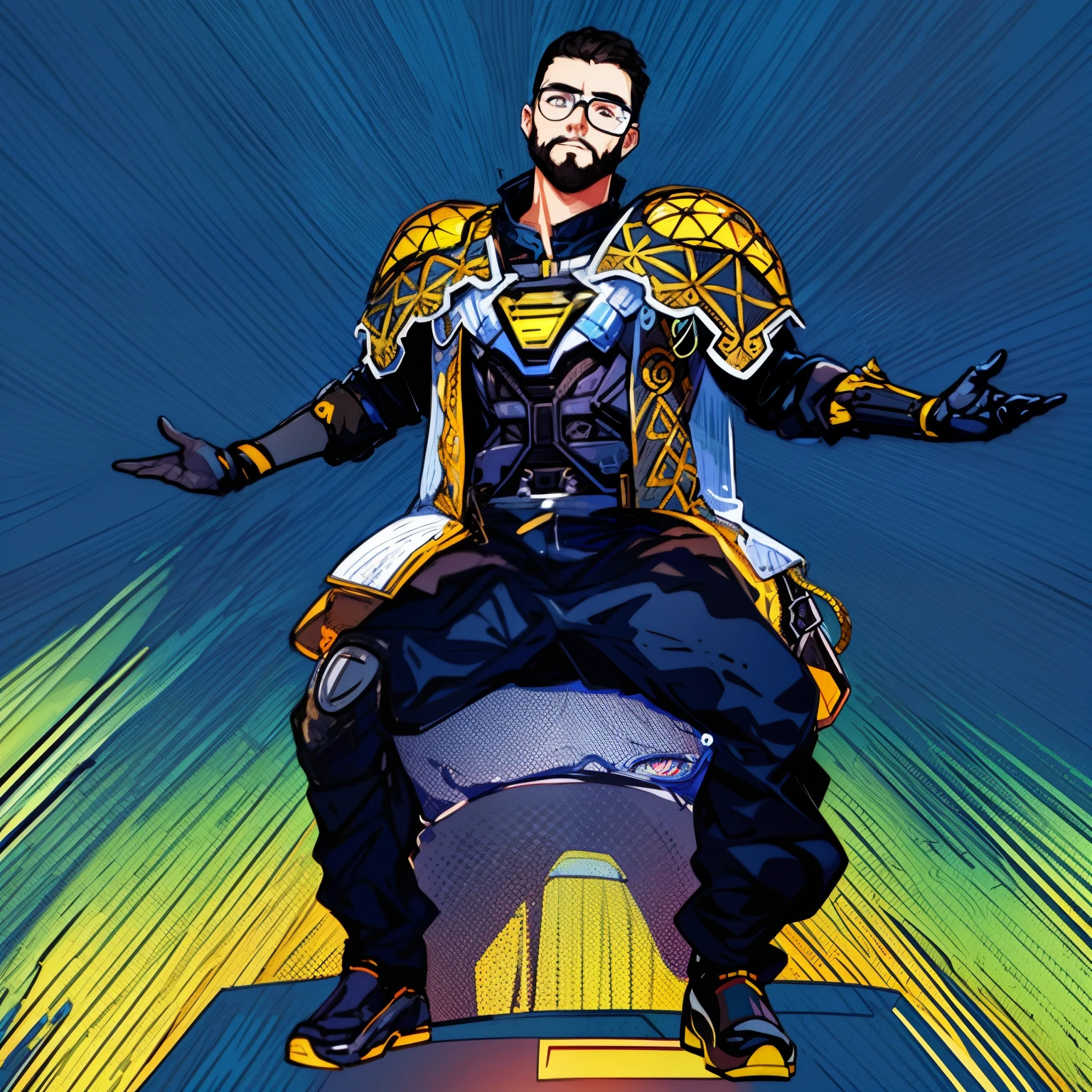 create absolutely realistic do not change the colors do not change the details of the face leave the glasses on the face leave the earphone on the ear strictly observe the proportions strictly observe the small details strictly adhere to the colors from the source Ultra quality 8K keep the yellow colors keep the transparency keep the transparency of the cloak keep the yellow inserts do not change the yellow Rates do not change the yellow colors do not replace the yellow colors on the face there is no mask light stubble do not add additional yellow color dark glasses on the face gold bets only on the shoulder pads But also on the sole yellow color yellow sole of the shoes glasses on the face dark glasses keep the metallic left hand the shoes themselves are black Keep the yellow keep the sole metal inserts on the chest maximum clarity maximum detail corresponds to the original image his hands are very detailed in accordance with the source image the left hand of the robot the right hand is ordinary metal breastplate Silver cloak gray translucent save on the earpiece on the left ear without a mask on the face light stubble on the face glasses Dark glass gray translucent raincoat with a pattern