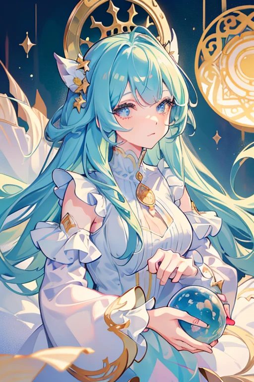 masterpiece, best quality, 8k resolution, sharp focus, intricate detail, beautiful girl, sparkling eyes, golden ratio face, otherworldly liquid, watercolor, pastel colors, bright colors, whimsical, colorful, sharp focus, high resolution, fine detail, ((layered tiered puffy long sleeves ballgown)), ((round eyes)), iridescent bubbles, fantasia background