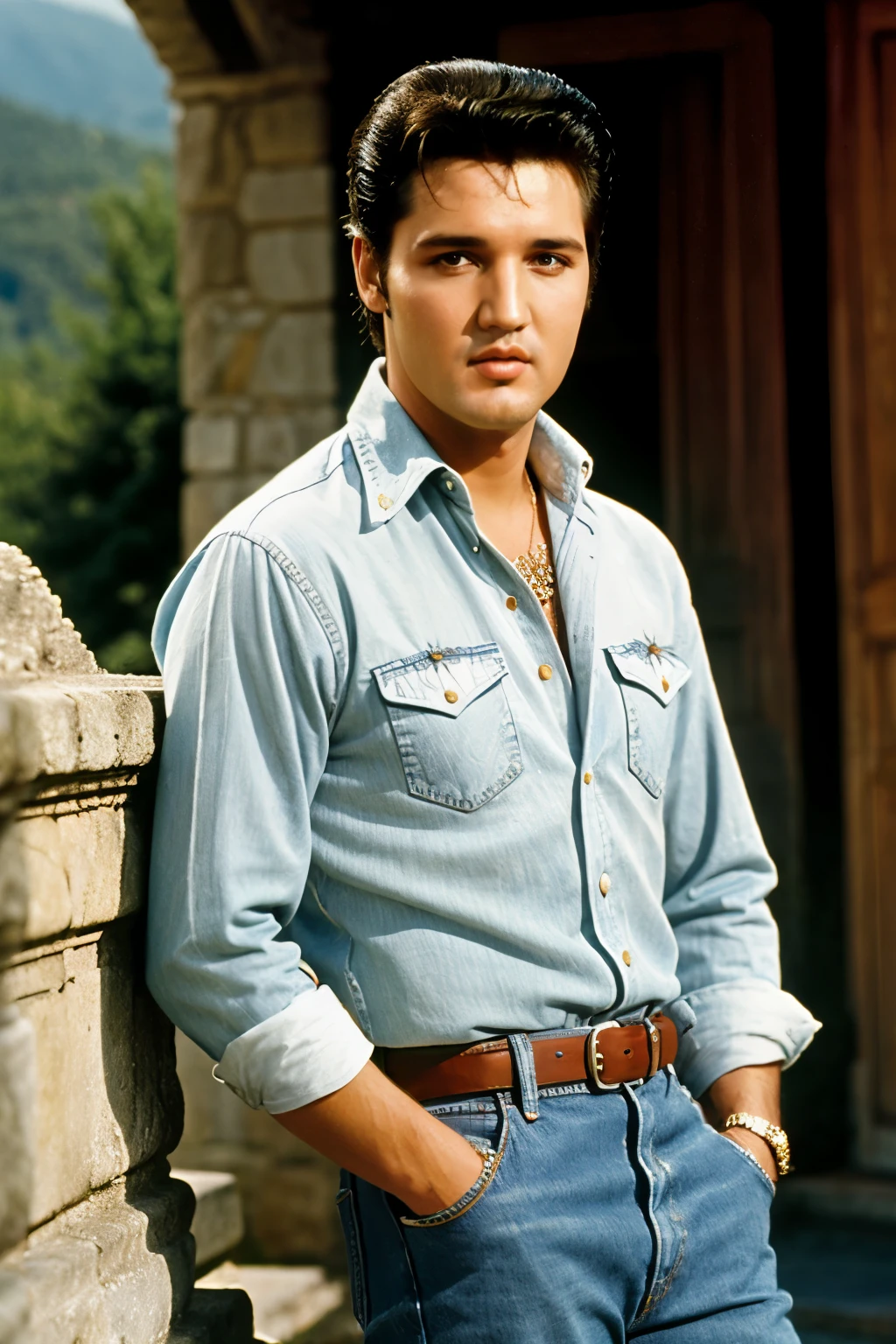 ((best quality)), ((masterpiece)), (detailed),perfect face,Elvis Presley,background Tuscany,beautiful dress,jeans,
