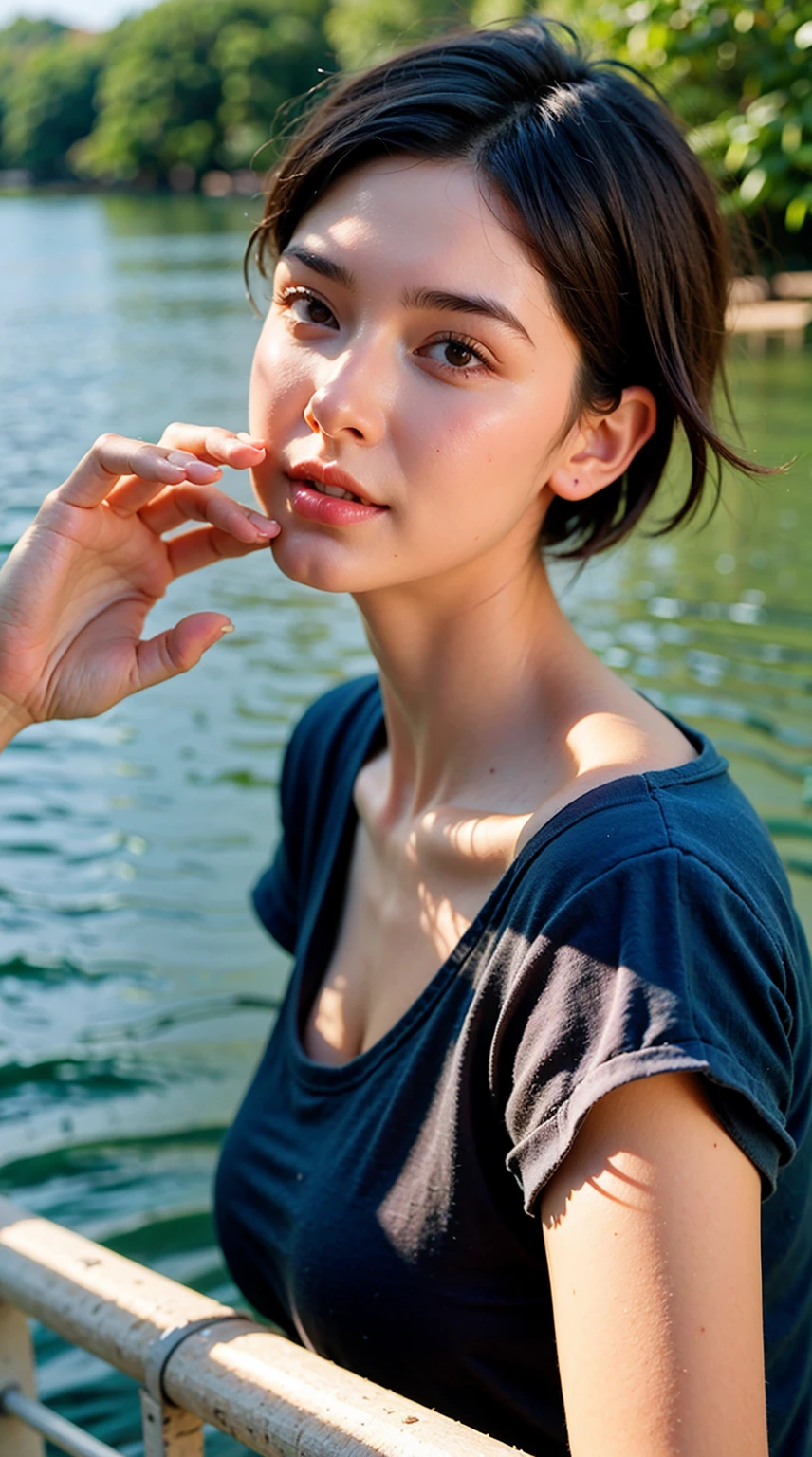 Realistic Photography, Beautiful Young Female ,Short hair ,river, extremely delicate and beautiful},Outstanding light and shadow, highly detailed wallpaper,Clear and bright sunlight, taking a selfie