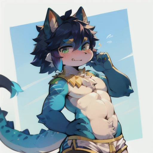 eyes with brightness, in a panoramic view, Character focus ,独奏, shaggy, Furry male wolf, Male green fur, blue color eyes, white color hair(Curta),Bare body,Lying on the bed without pants,Young style,Height 1.85 meters,handsome, There is a wolf tail,