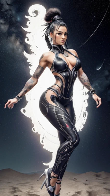 High-resolution ultra detailed photography and ultra detailed representation of the body and face of a 35 year old light-skinned woman with a muscular feminine figure, full body pose swinging dancing in a clearing at night and a starry sky looking into the camera, clothing biomechanical women's vest with zippers and a biomechanical leggings and biomechanical high Heels, clothes in ying and yang styles and colors, hairstyle braided mohawk haircut, bright colored Japanese large tattoos, Model has a tall height Full body, biomechanical Clothing 