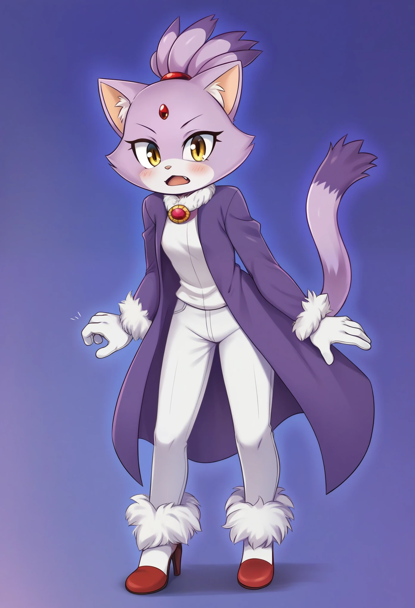 Blaze the cat, mouth open, 1girl, gloves, forehead_jewel, fur-trimmed_gloves, furry_female, solo, furry, animal_ears, simple_background, yellow_eyes, fur_trim, topknot, tail, high_heels, cat_girl, white_gloves, cat_ears, cat_tail, standing, full_body, flat_chest, purple_hair, fur-trimmed_footwear, black_background, multicolored_hair, arms_at_sides, white_pants, hair_tie, purple_coat, clenched_hands, looking_at_viewer, two-tone_hair, body_fur, pants, animal_nose, shoes, short_hair, coat, shiny, gem, red_footwear, long_sleeves, blush, leaning_foward, bent_over