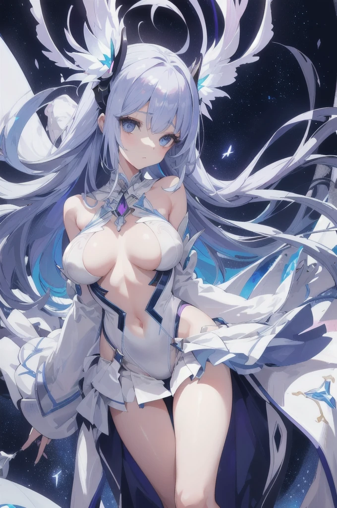 (highres:1.2,ultra-detailed,photorealistic) A girl in a white leotard wearing a mini skirt stands upright in a magical cyber setting. She exudes an aura of enchantment, with her graceful demeanor and captivating gaze. Her white leotard fits perfectly, accentuating her slender yet powerful physique. The mini skirt adds a touch of playfulness to her attire, creating a harmonious balance between elegance and youthfulness. Her face, framed by flowing silky hair, features beautiful detailed eyes that shimmer like stars in the night sky. Her strikingly bright eyes reflect her inner strength and determination, while her long eyelashes flutter delicately. Her slender nose and flawless skin enhance her ethereal beauty. Beautiful detailed lips, tinted with a hint of pink, exude a sense of innocence and charm. The magical cyber world surrounding her is a mesmerizing blend of futuristic architecture and whimsical elements. Neon lights in vibrant hues of blue and purple illuminate the scene, casting a soft glow on her surroundings. The air is filled with a sense of mystery and awe, as if anything is possible in this enchanting realm. In the distance, towering skyscrapers reach towards the starry sky, their sleek surfaces reflecting the vibrant colors of the surroundings. The cityscape is adorned with holographic projections of fantastical creatures and dazzling patterns, adding an extra layer of enchantment to the scene. As the girl raises her hand, a shimmering stream of magical energy flows from her fingertips, intertwining with the digital threads of the cyber world. These energy strands form intricate patterns and shapes, representing her inner power and connection to the digital realm. The overall color palette of the artwork is dominated by cool tones, with shades of blue and purple creating a sense of otherworldly beauty. The lighting in the scene is carefully crafted, with soft, diffused light casting gentle shadows and highlighting the girl's features. This artwor