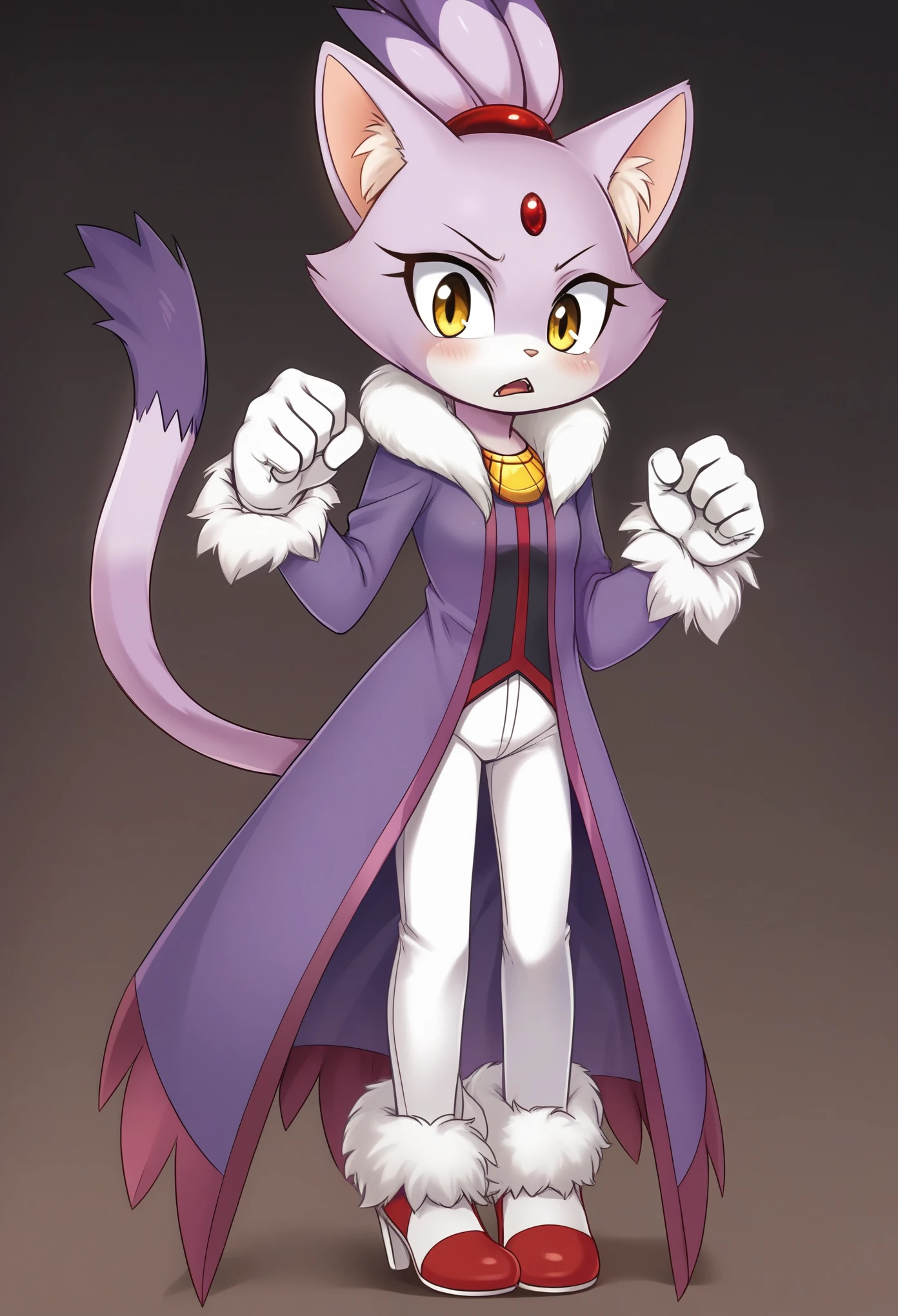 Blaze the cat, mouth open, 1girl, gloves, forehead_jewel, fur-trimmed_gloves, furry_female, solo, furry, animal_ears, simple_background, yellow_eyes, fur_trim, topknot, tail, high_heels, cat_girl, white_gloves, cat_ears, cat_tail, standing, full_body, flat_chest, purple_hair, fur-trimmed_footwear, black_background, multicolored_hair, arms_at_sides, white_pants, hair_tie, purple_coat, clenched_hands, looking_at_viewer, two-tone_hair, body_fur, pants, animal_nose, shoes, short_hair, coat, shiny, gem, red_footwear, long_sleeves, blush, leaning_foward, bent_over