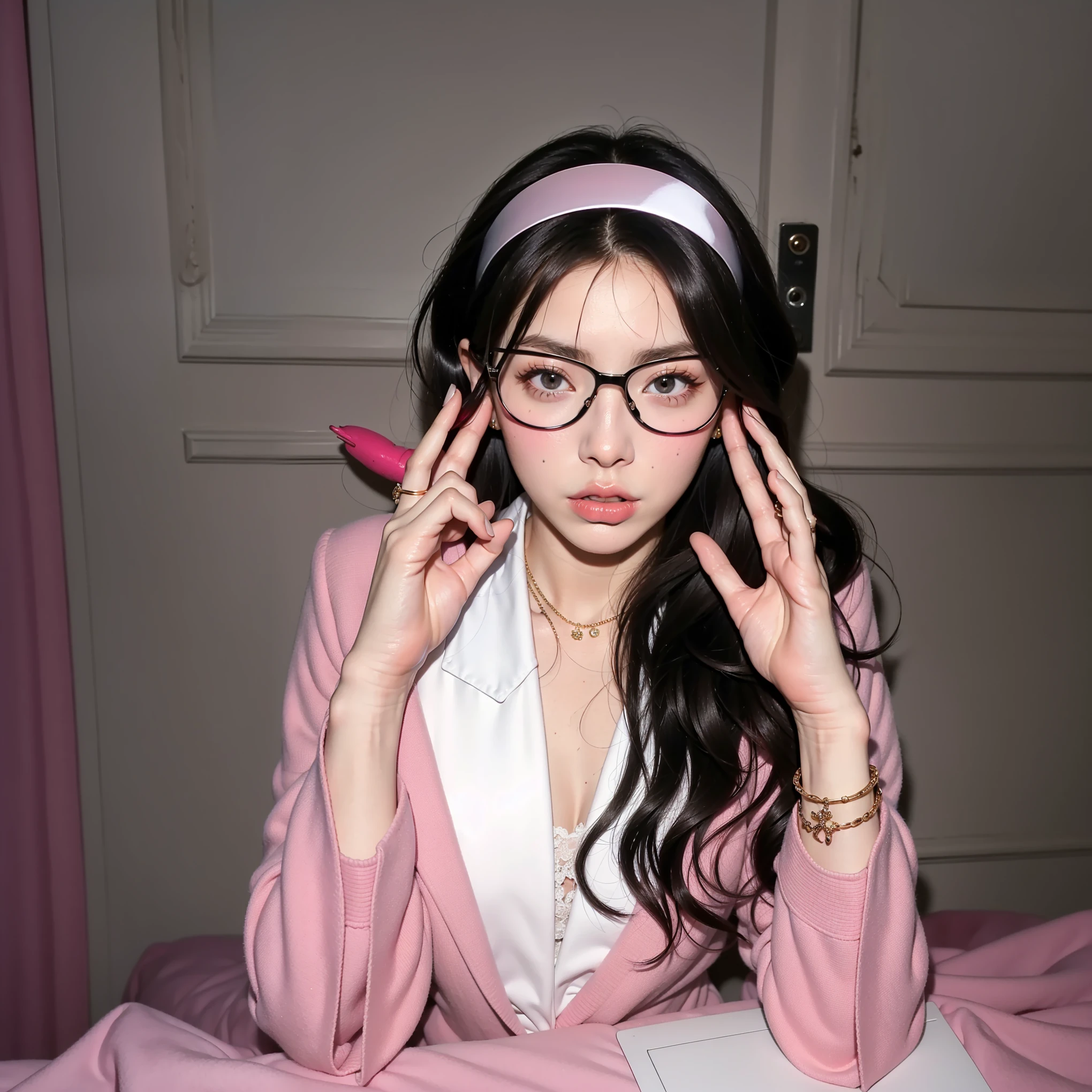 hay una mujer con gafas y una camisa rosa sentada en una mesa, bella delfina, gafas rosas, charli xcx, betty la fea, parece una mezcla de mugre, al estilo de terry richardson, ella usa gafas de harry potter, she parece una mezcla de mugre, usa anteojos, auriculares rosas, muchacha rosada, parecido a una mezcla de mugre