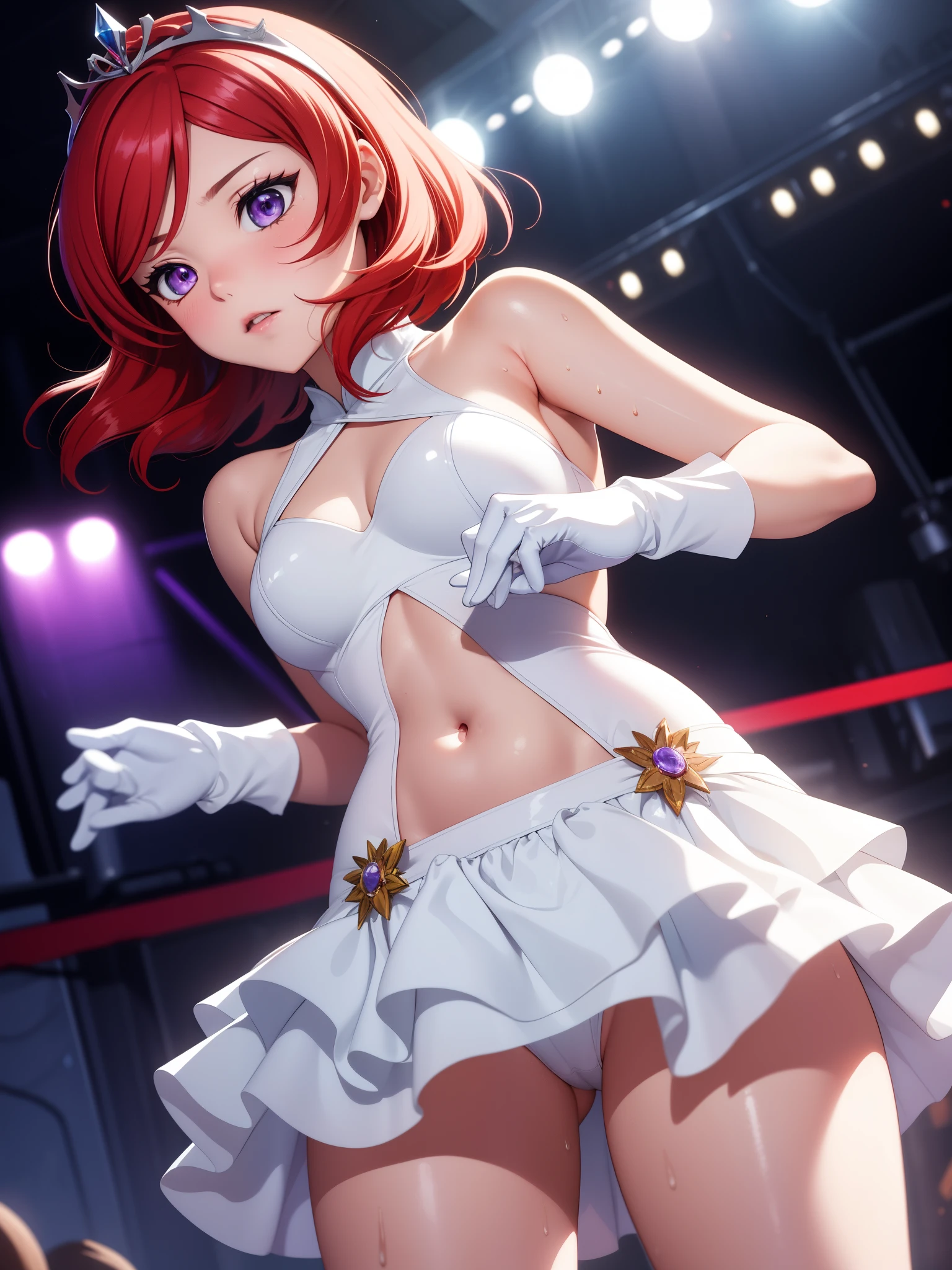 (Masterpiece, Best Quality, High Quality), volumetric lighting, illustration, beautiful, perfect lighting, perfect shadows,Nishikino maki , dynamic camera angle, solo, red hair, purple eyes, small white skirt, white dress, halter neck, navel cutout,tiara, white shiny gloves, thighs, (moist skin:1.1), (shiny skin:1.2), embarrassed