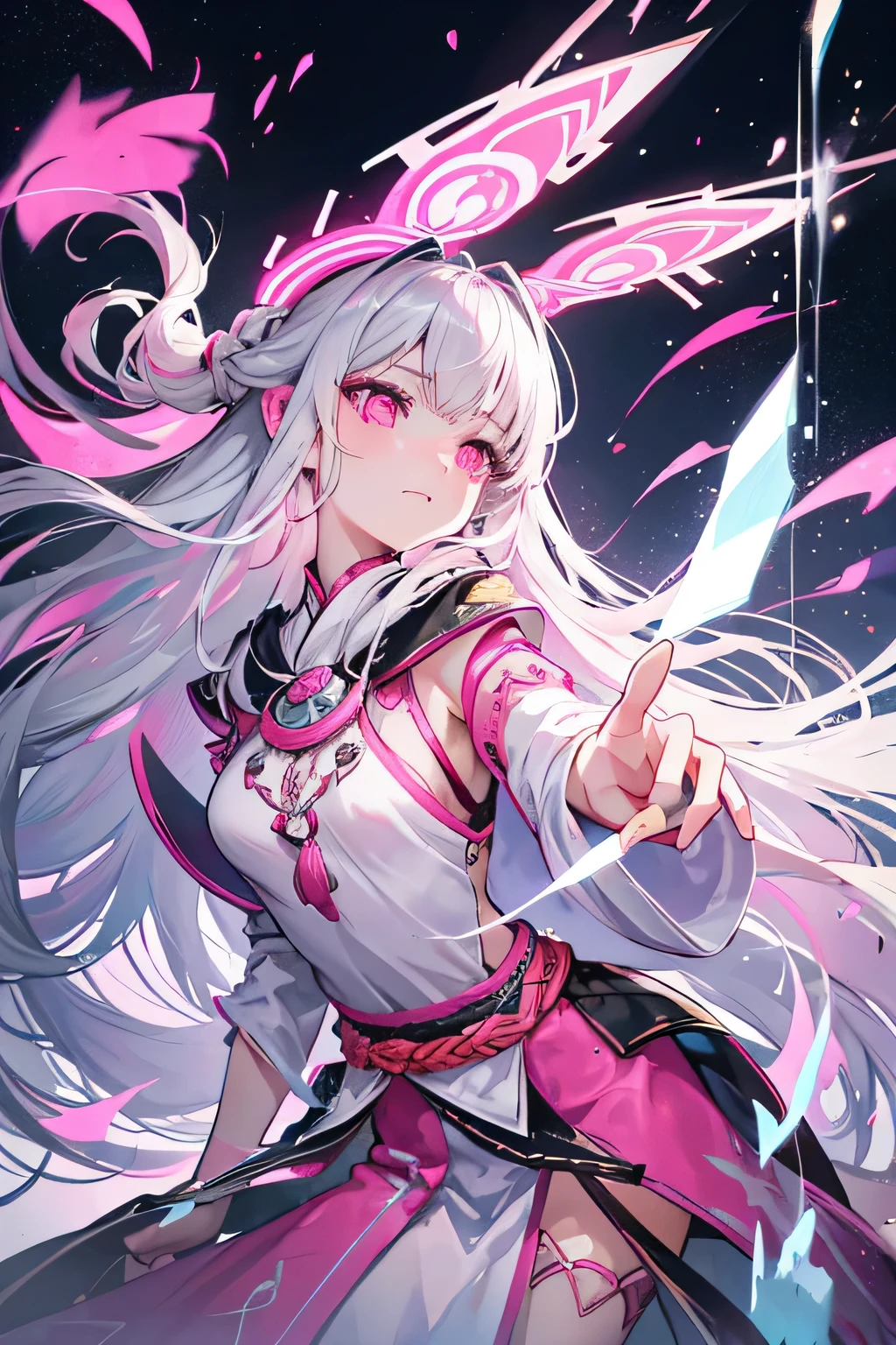 Long hair with silver-pink chewing gum，Pink and white Hmong ethnic costume with silver decoration，It looks a bit dark and silly.，Inherently intelligent，She is a kind and beautiful girl,Concept Art, Fantasy art, Cinematic lighting , Cinematic Angles , (Rape face),whole body ,