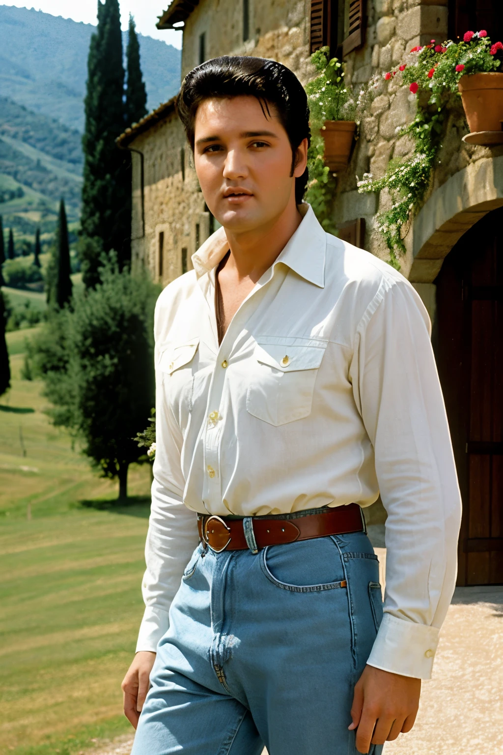 ((best quality)), ((masterpiece)), (detailed),perfect face,Elvis Presley,
background Tuscany Chianti,beautiful dress,jeans,