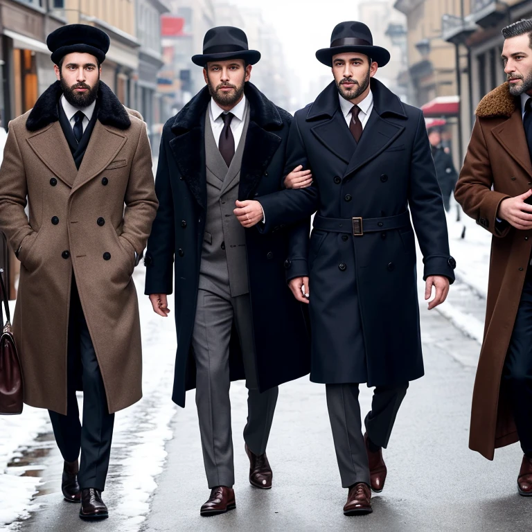 handsome Jewish men dressed in coats and furs on their heads focus on the characters.