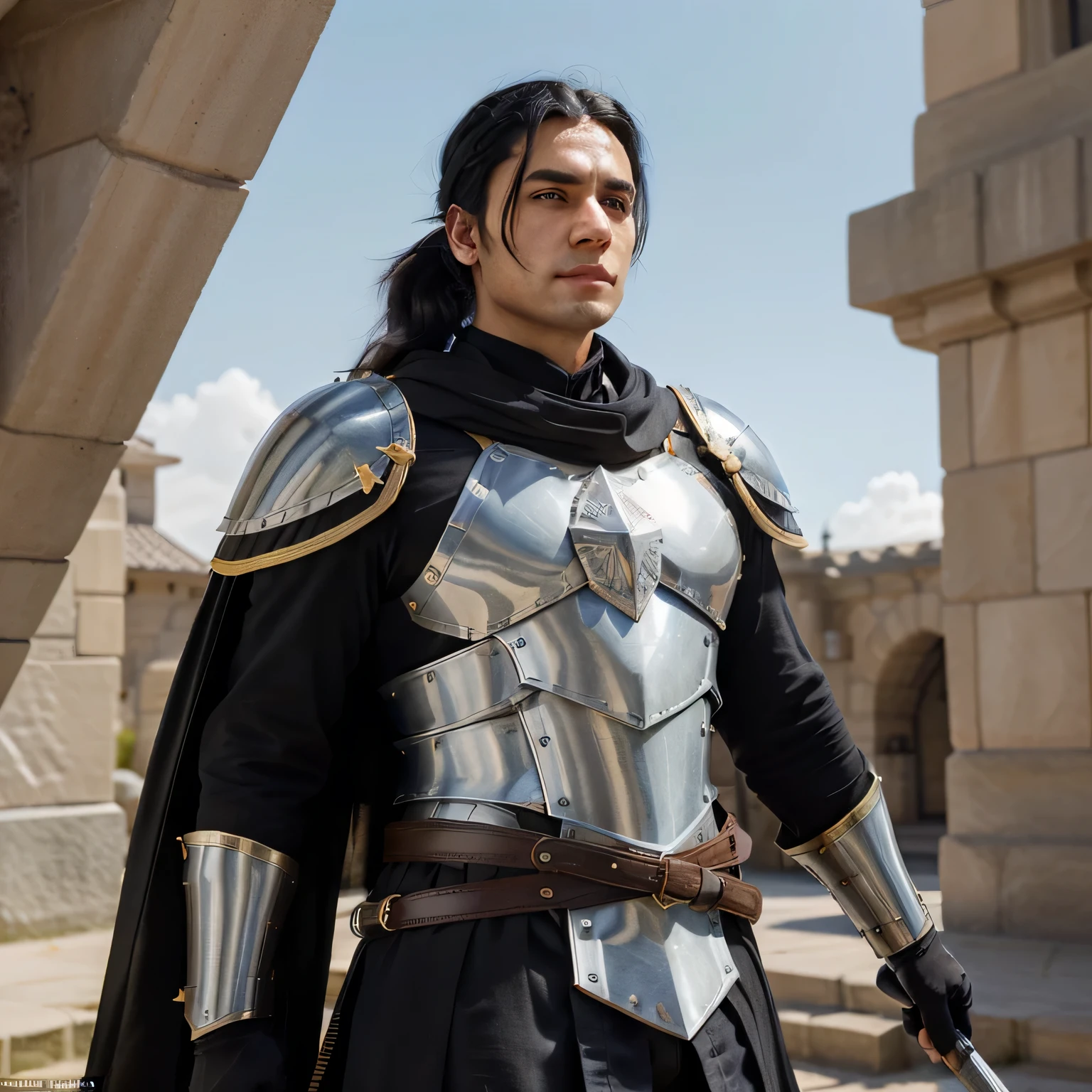 Picture this: A medieval warrior, a man of great stature with jet black hair that shines under the sunlight, stands proudly in a modern setting. His armor, a combination of old-world craftsmanship and subtle futuristic elements, catches the eye. The metallic surface reflects the surroundings in intricate details, revealing his chiseled features, sharp facial lines, and piercing gaze. His hair, tied in a modern yet minimalistic ponytail, flows effortlessly behind him. He wears a brass helm, adorned with intricate engravings, and a flowy black cape that billows gently in the wind. In one hand, he holds a long, sharp sword with