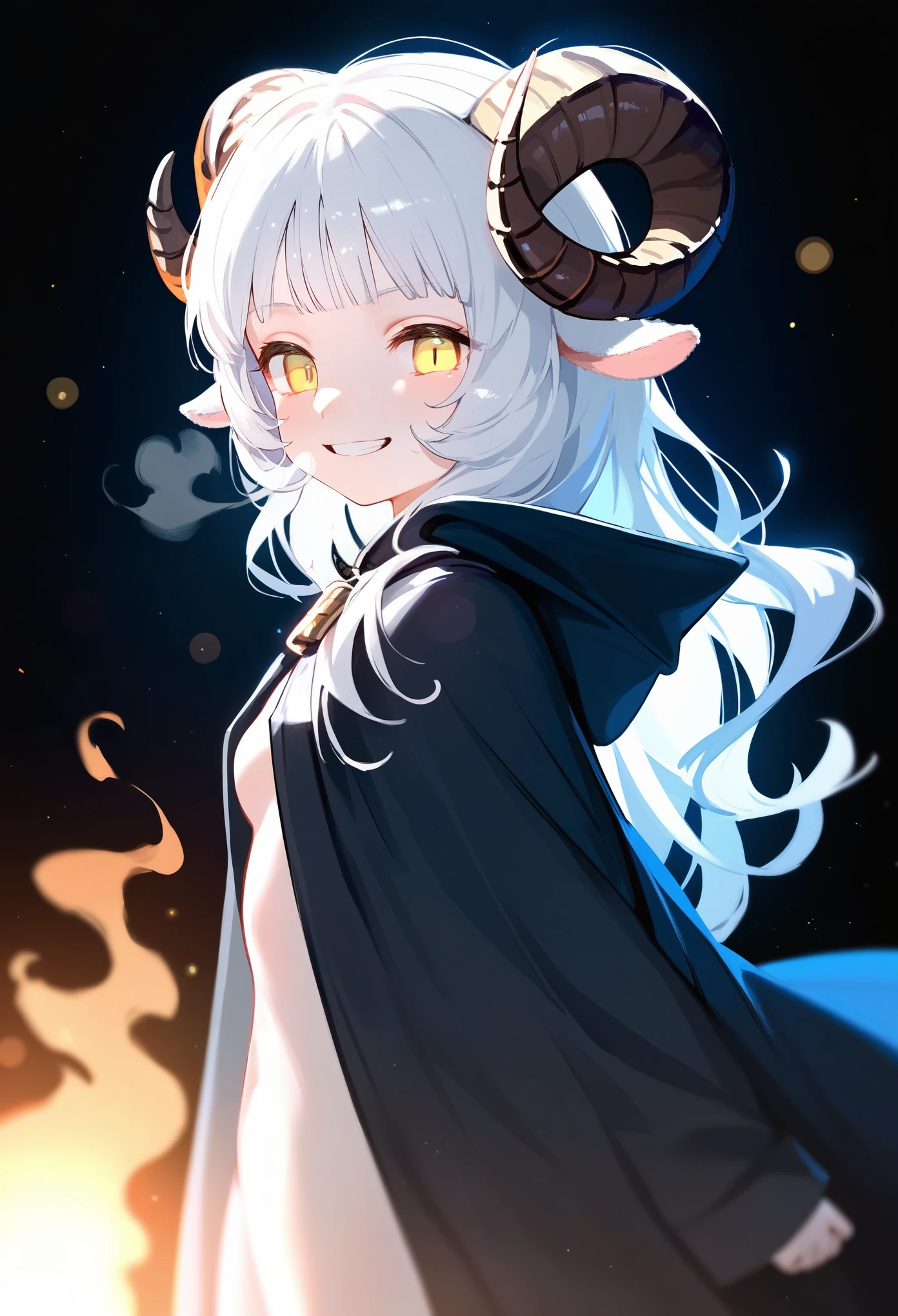 (score_9, score_8_up, score_7_up), 1girl, solo, (sheep horns, curled horns, black horns:1.2), (black sheep ears), white long hair, hime cut, long bangs, pale skin, yellow eyes, evil grin, large smile, ((dark steam from the corner of her mouth)), small breasts, standing, (hooded cloak, hood on, dark clothes), (black background, fire in background, bokeh, sharp focus), arms on sides, upper body, masterpiece