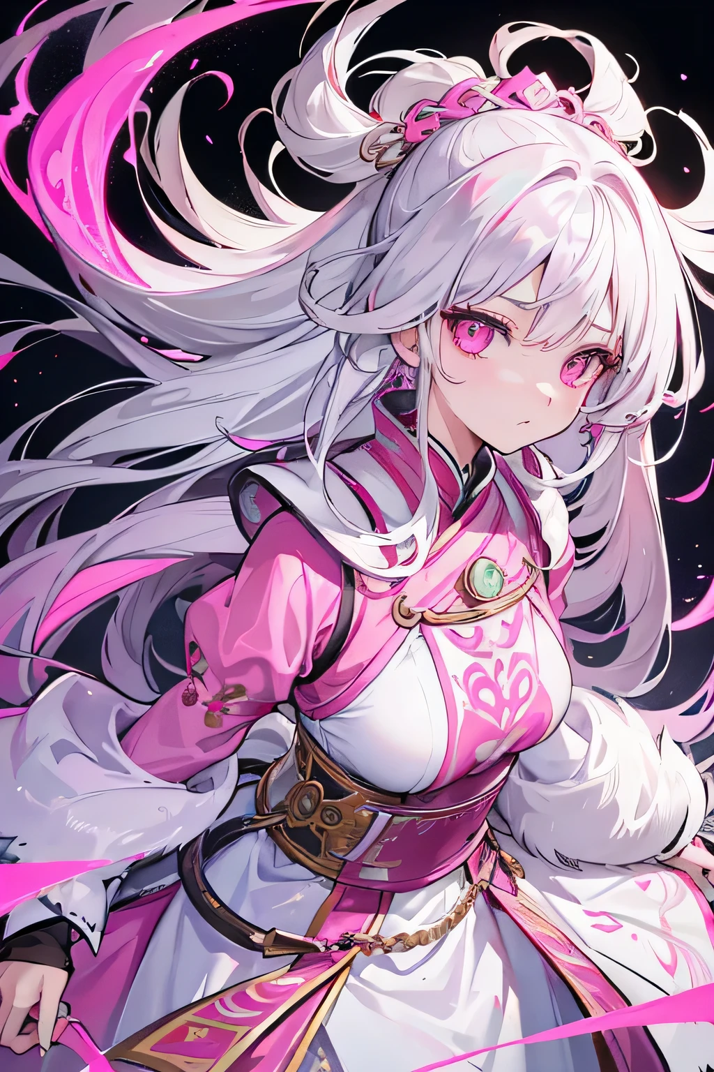 Long hair with silver-pink chewing gum,Pink and white Hmong ethnic costume with silver decoration,It looks a bit dark and silly.,Inherently intelligent,She is a kind and beautiful girl,Concept Art, Fantasy art, Cinematic lighting , Cinematic Angles , (Rape face),whole body ,