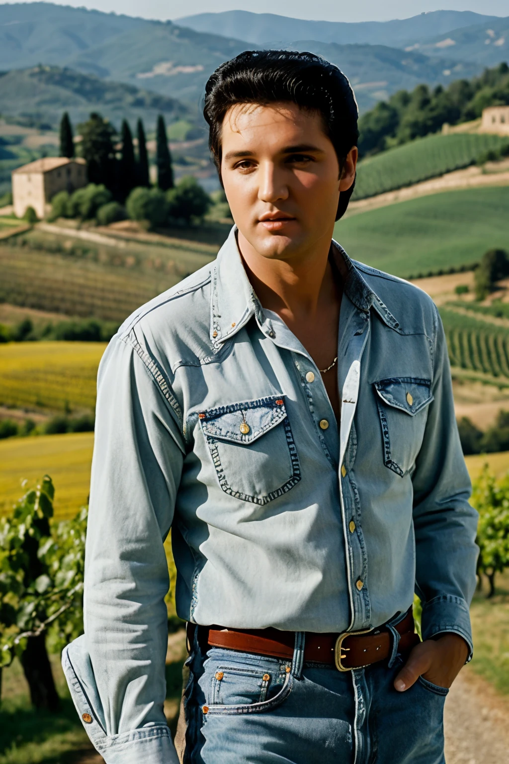 ((best quality)), ((masterpiece)), (detailed),perfect face,Elvis Presley,
background Tuscany Chianti,beautiful dress,jeans,vineyards,