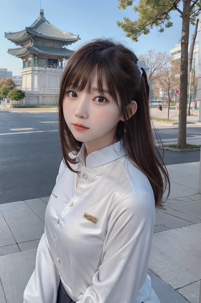 (8k, RAW Photo, Best Quality, Masterpiece: 1.2), (Realistic, Photo Real: 1.37), Professional Lighting, Photon Mapping, Teleportion, Korean Girl, Park, White Autumn Wear