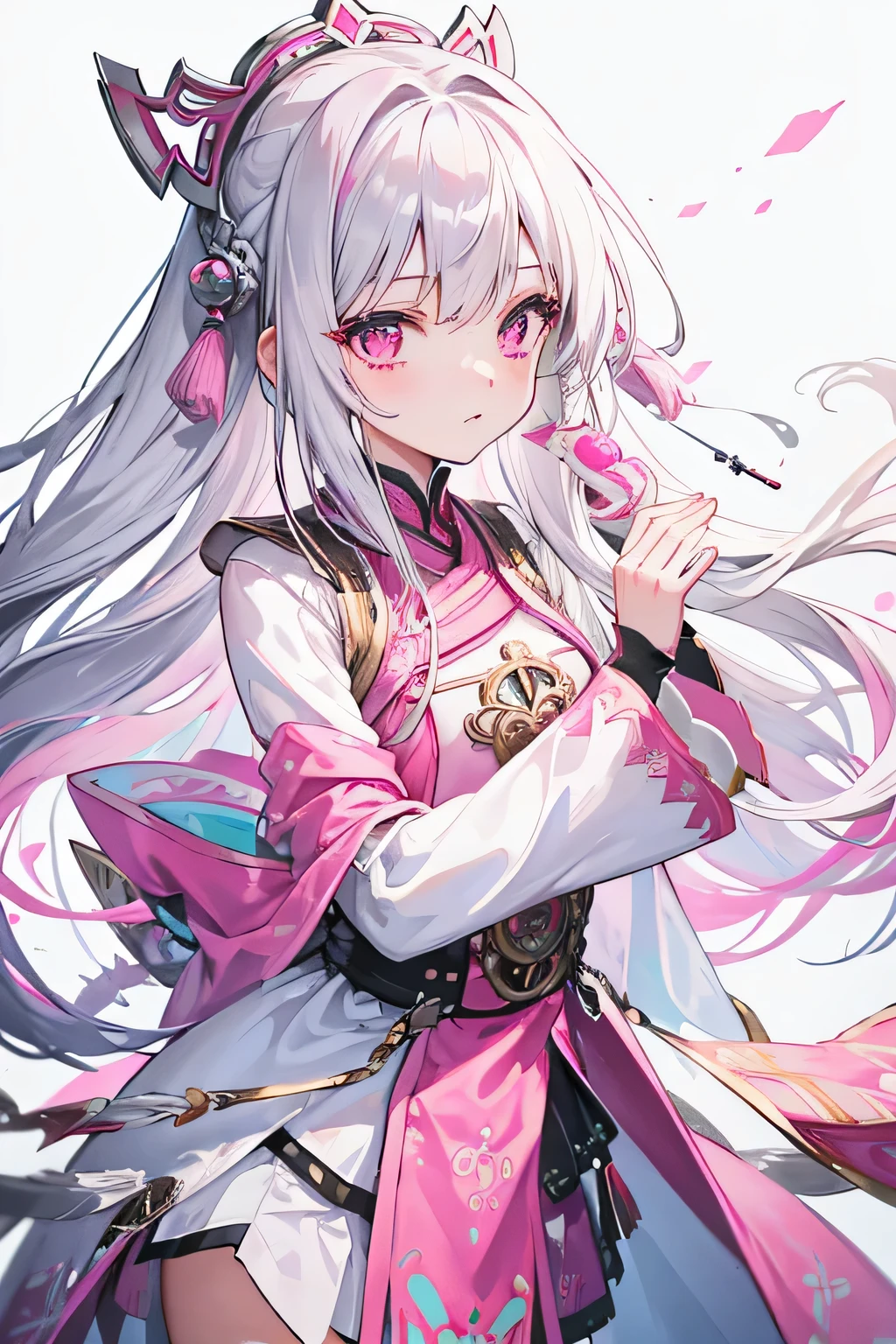Long hair with silver-pink chewing gum,Pink and white Hmong ethnic costume with silver decoration,It looks a bit dark and silly.,Inherently intelligent,She is a kind and beautiful girl