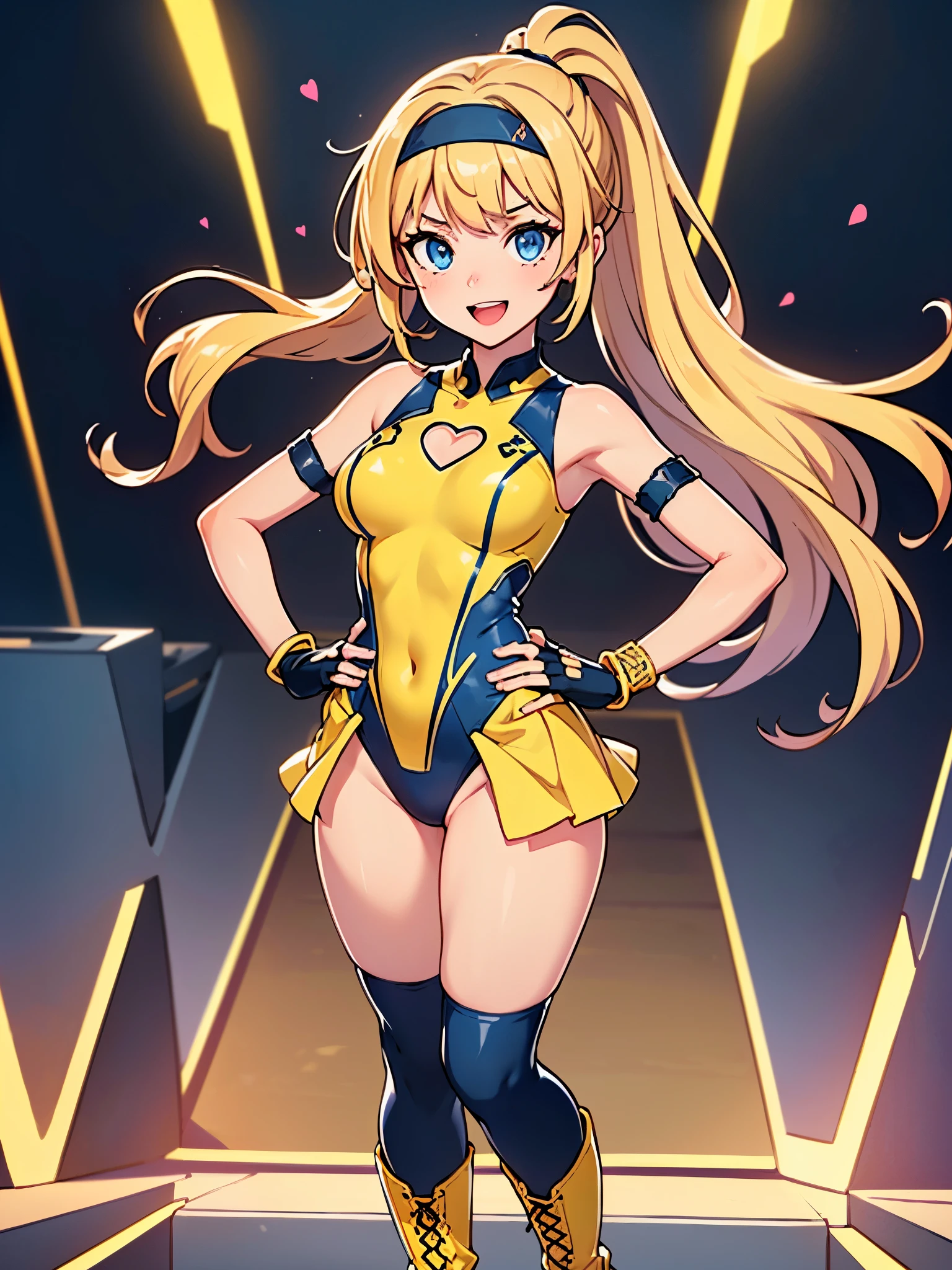 masterpiece, best quality, 1girl, ((bangs, blonde hair, armpit length hair)), ((black headband)), blue eyes, beautiful detailed eyes, beautiful detailed face, cute face, perfect hands, complete fingers, perfect anatomy, perfect proportions, ((leotard, gymnastics leotard, dark blue leotard)), ((boots, yellow boots, yellow footwear, high heels)), breasts, medium breasts, covered navel, ((blue fingerless gloves, yellow bracelets)), (full body portrait), hand on hip, hands on hips, ((pink heart logo on chest)), (stage lights), looking at viewer, smile, :d, solo, solo focus, standing, body infused with yellow aura, cowboy shot