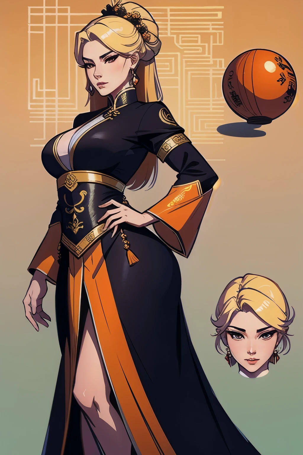 a close up of a strong amazon woman in her 30's, with orange eyes and blonde hair, wearing a black and orange ball gown dress, a heroine with orange eyes, martial artist holding polearm, standing in a chinese temple, new costume concept design, in the style of blade and soul, full body character concept, detailed character design, inspired by Yang Jin, inspired by Li Mei-Shu, chinese costume, inspired by Lan Ying, inspired by Sim Sa-Jeong, inspired by Li Tang, lunar themed attire, costume with blue accents, inspired by Ju Lian, colored concept art, highly detailed character design, highly detailed face, inspired by Ai Xuan, very highly detailed face, unreal engine render, final fantasy 14 style, inspired by Leng Mei