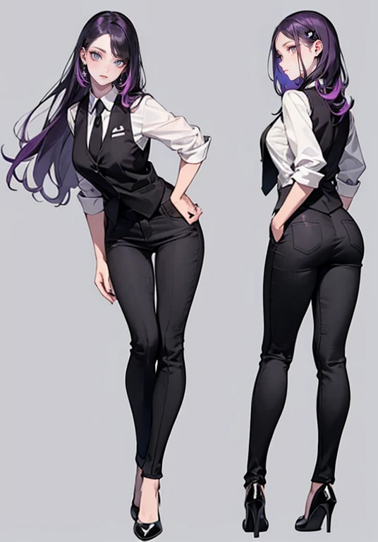 ((Perfect Face)),Purple Hair,Long Hair,1 female,bartender,Black vest,Shirt with rolled up sleeves,tie,slit,High heels,,((Simple Background)),smile,((whole body)),((whole body)),Portraiture,virtual,upright,,Standing upright with face and body facing forward,